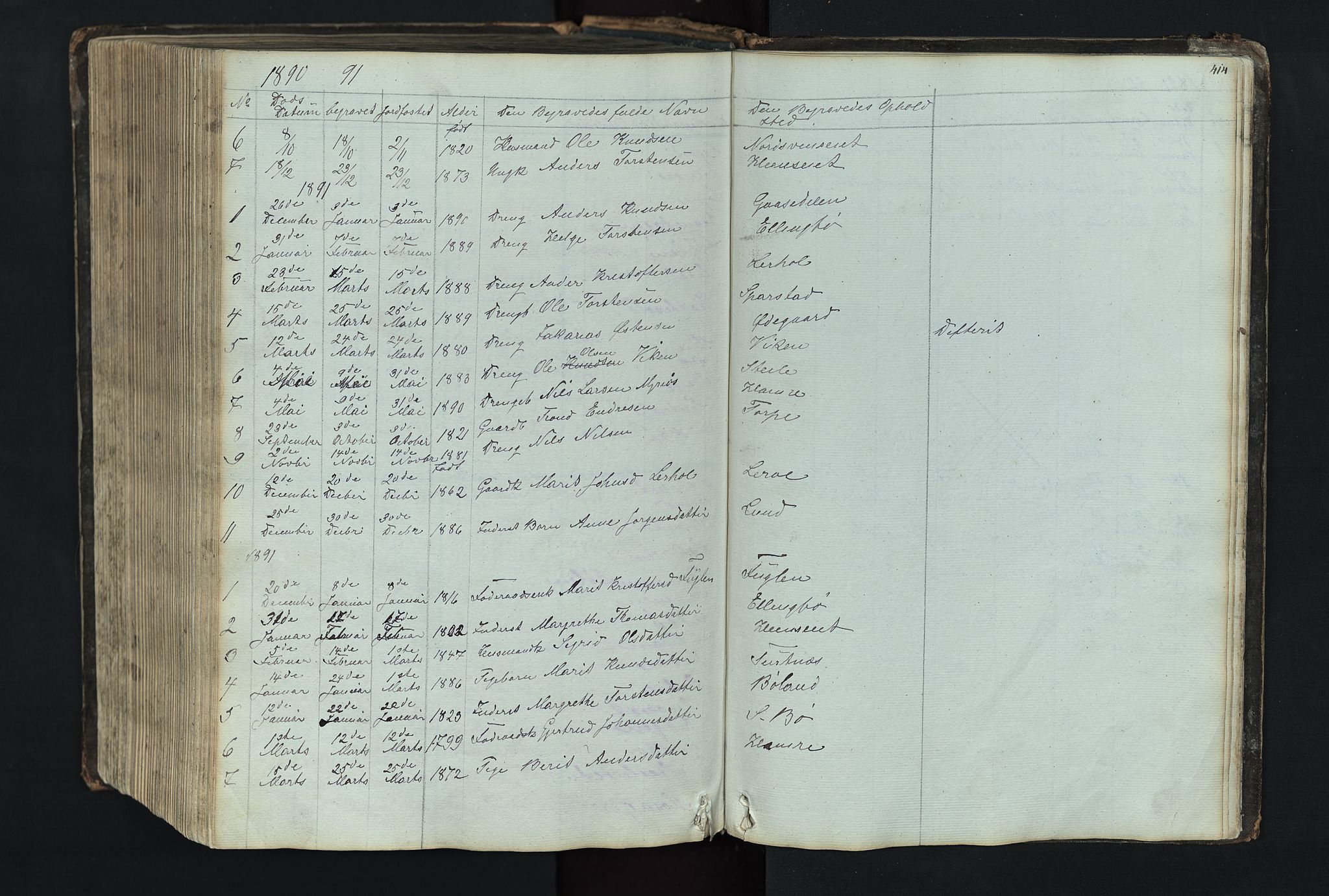 Vang prestekontor, Valdres, SAH/PREST-140/H/Hb/L0004: Parish register (copy) no. 4, 1835-1892, p. 414