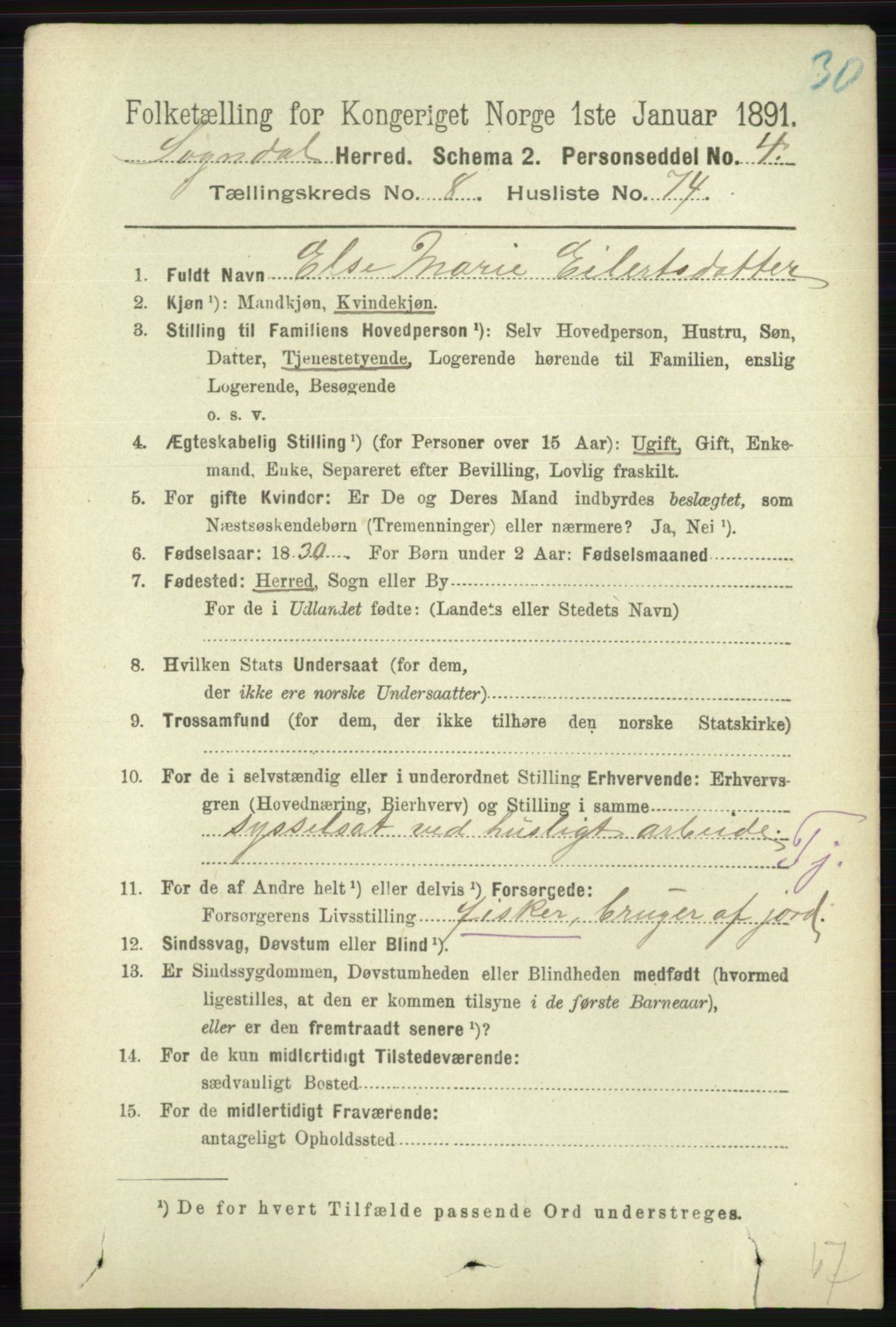 RA, 1891 census for 1111 Sokndal, 1891, p. 3109