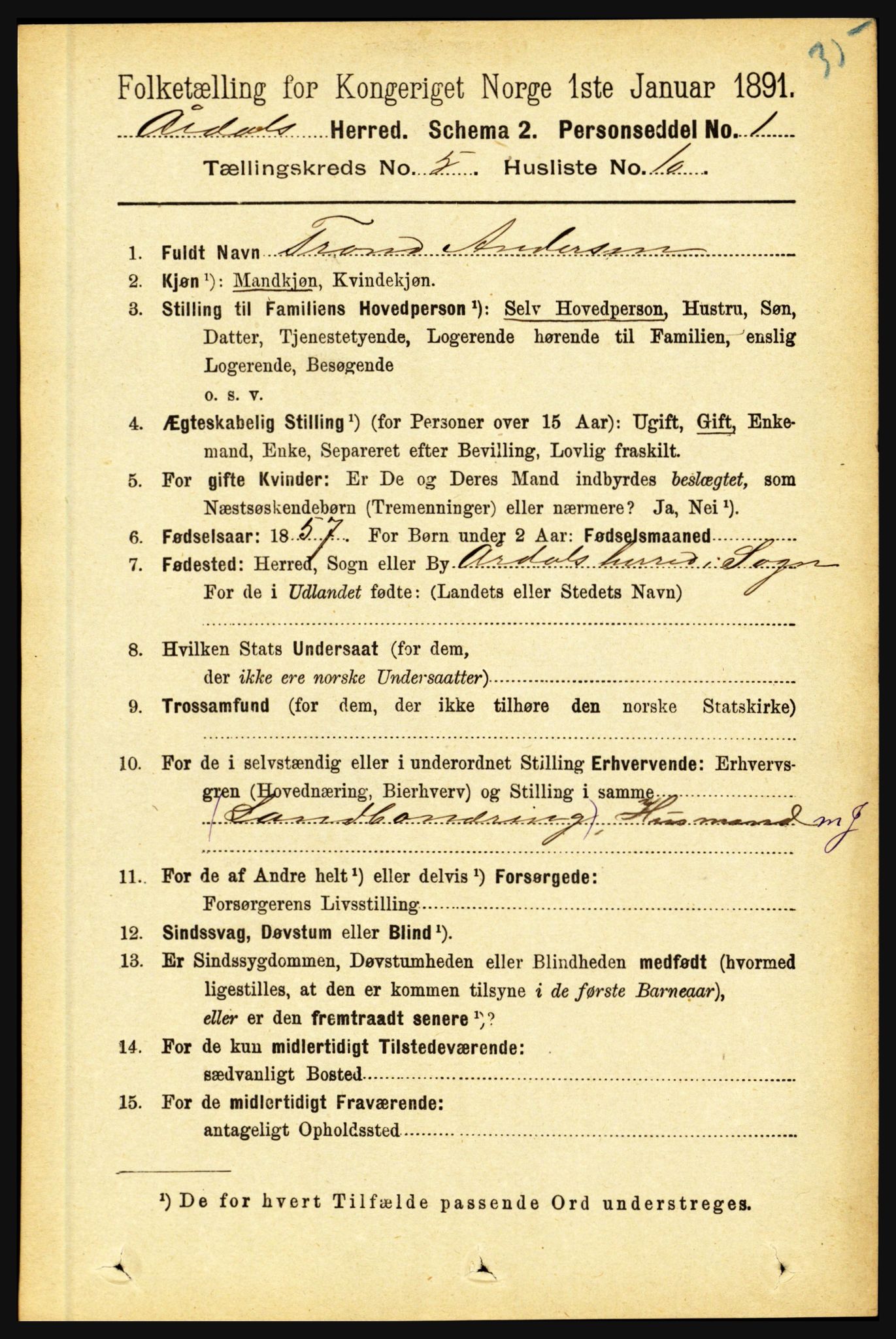 RA, 1891 census for 1424 Årdal, 1891, p. 1039