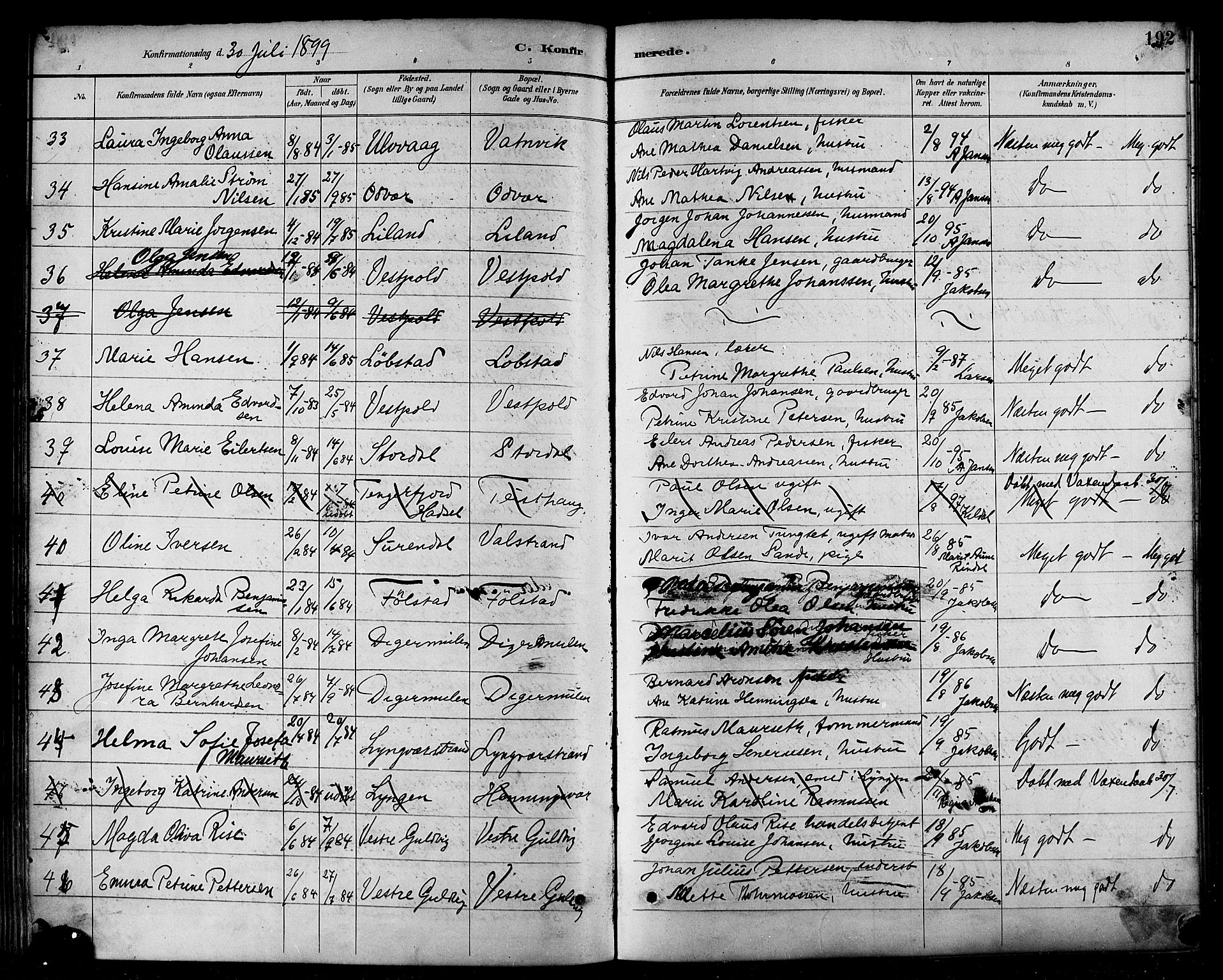 Ministerialprotokoller, klokkerbøker og fødselsregistre - Nordland, AV/SAT-A-1459/874/L1060: Parish register (official) no. 874A04, 1890-1899, p. 192