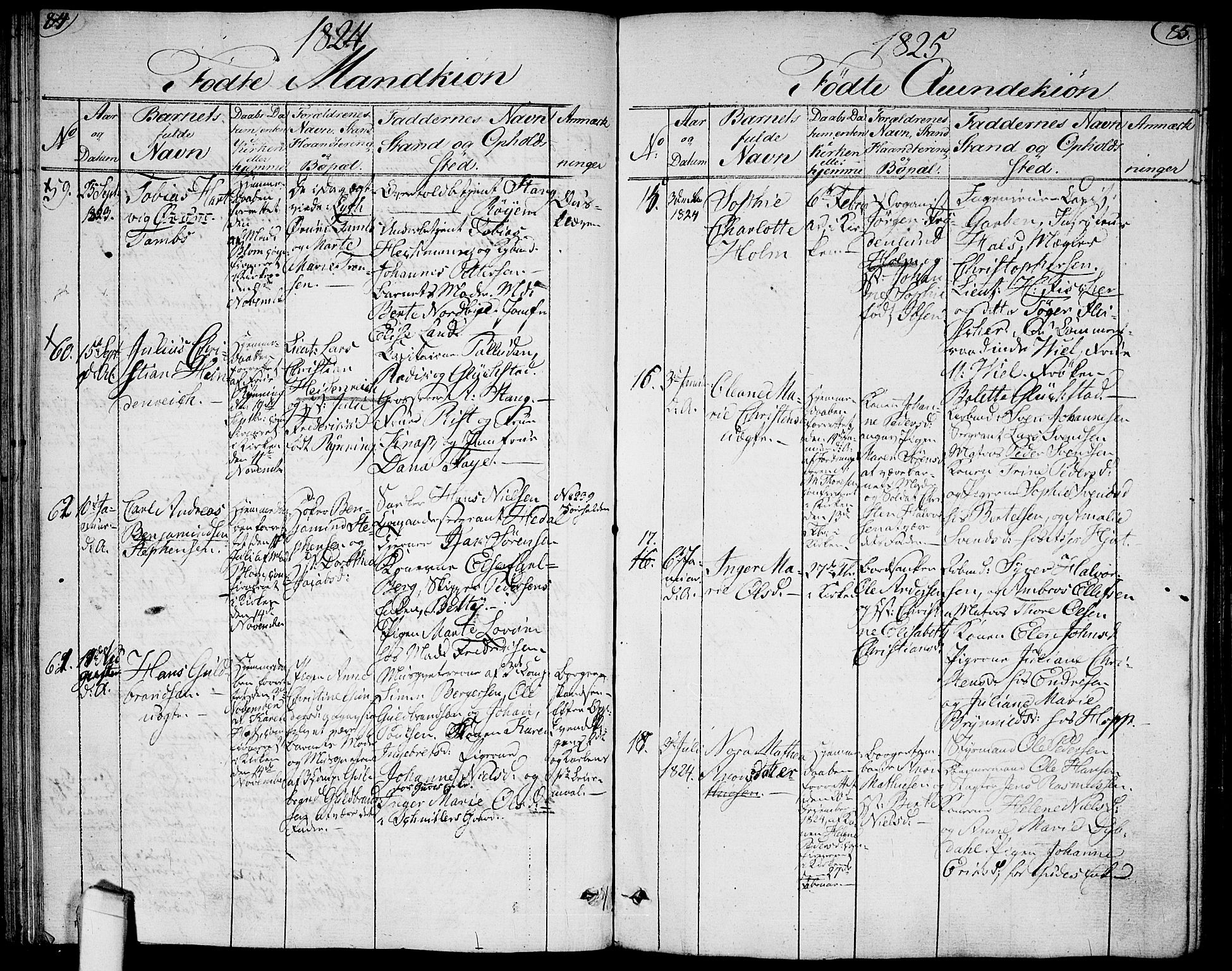 Halden prestekontor Kirkebøker, AV/SAO-A-10909/G/Ga/L0002: Parish register (copy) no. 2, 1821-1834, p. 84-85