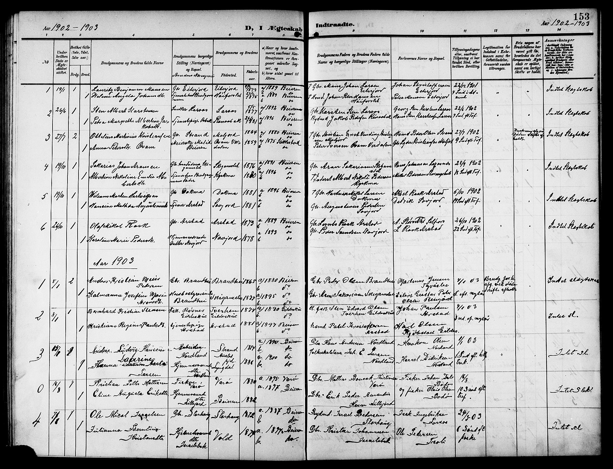 Ministerialprotokoller, klokkerbøker og fødselsregistre - Nordland, SAT/A-1459/846/L0655: Parish register (copy) no. 846C05, 1902-1916, p. 153