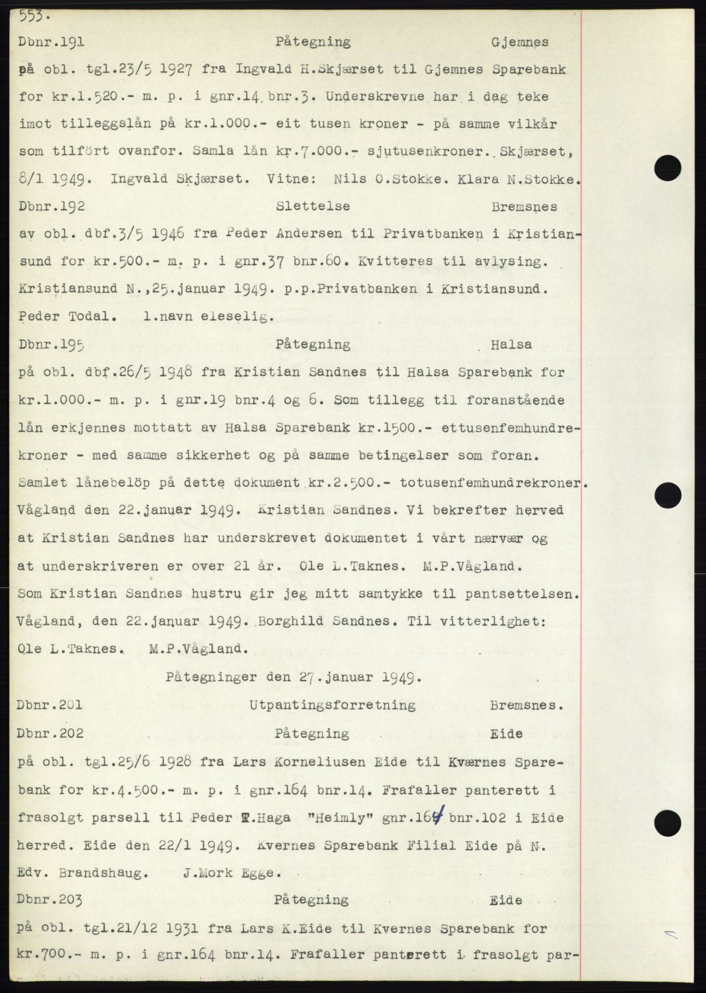 Nordmøre sorenskriveri, SAT/A-4132/1/2/2Ca: Mortgage book no. C82b, 1946-1951, Diary no: : 191/1949