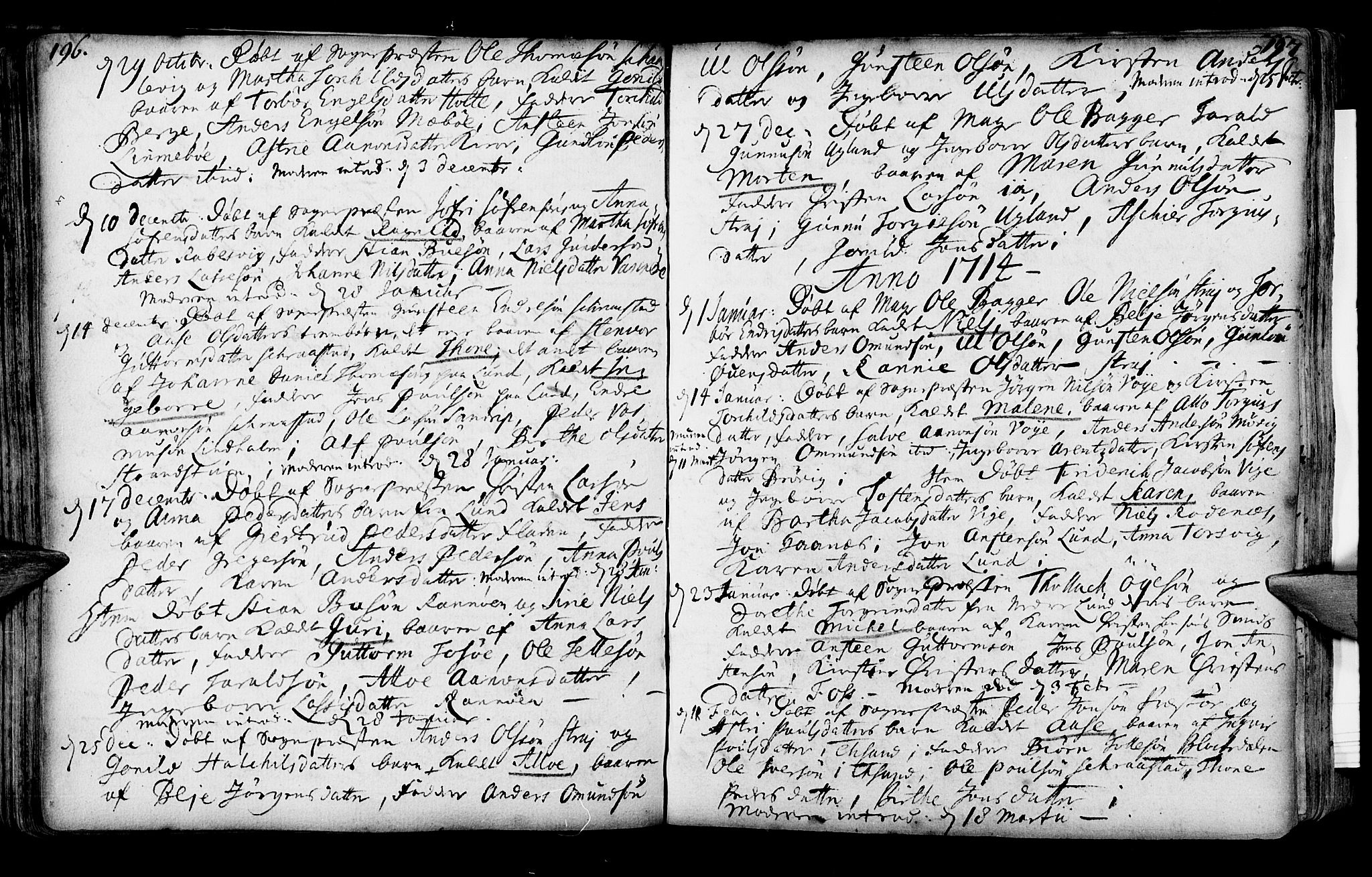 Oddernes sokneprestkontor, SAK/1111-0033/F/Fa/Faa/L0001: Parish register (official) no. A 1, 1692-1718, p. 196-197