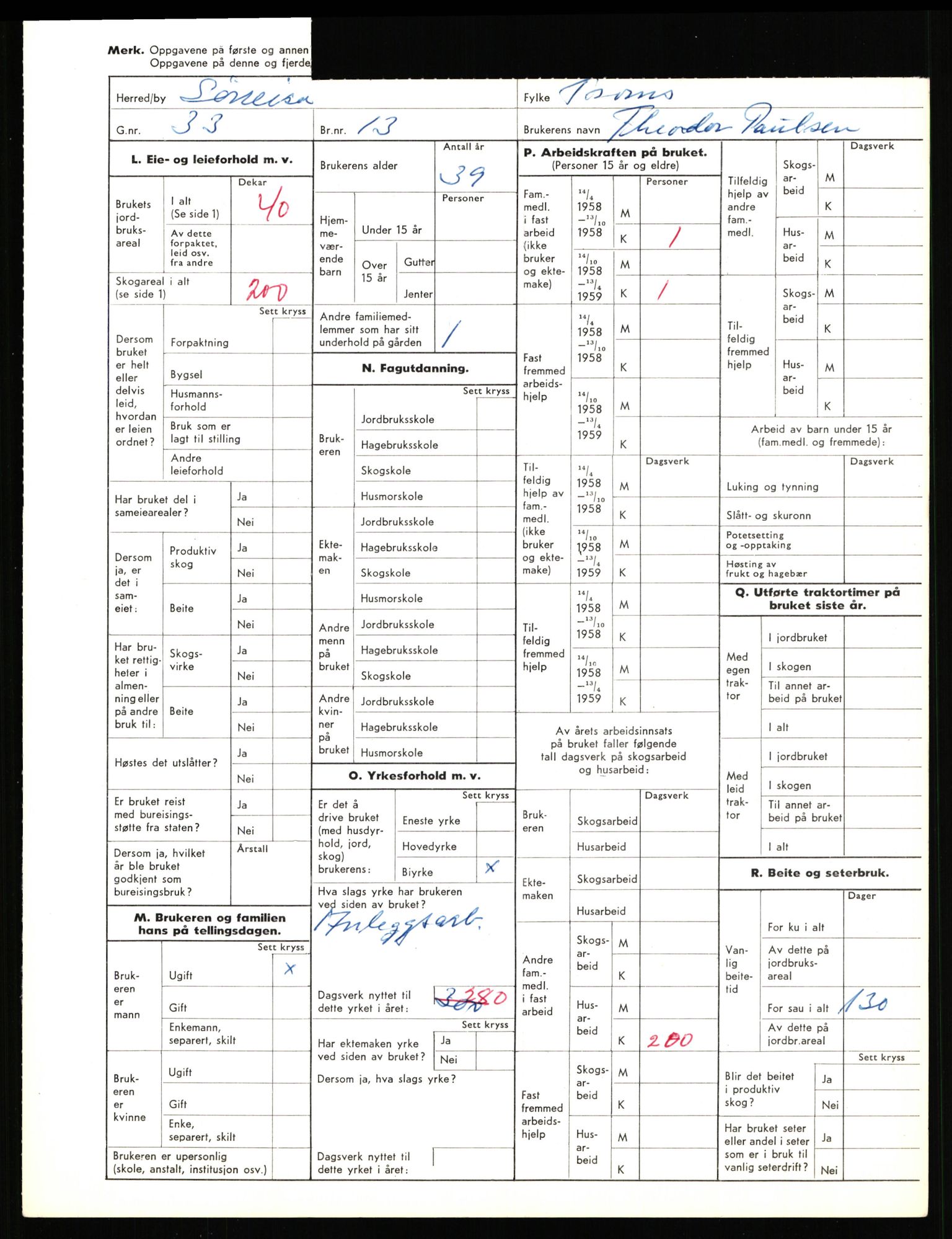 Statistisk sentralbyrå, Næringsøkonomiske emner, Jordbruk, skogbruk, jakt, fiske og fangst, AV/RA-S-2234/G/Gd/L0656: Troms: 1924 Målselv (kl. 0-3) og 1925 Sørreisa, 1959, p. 1924