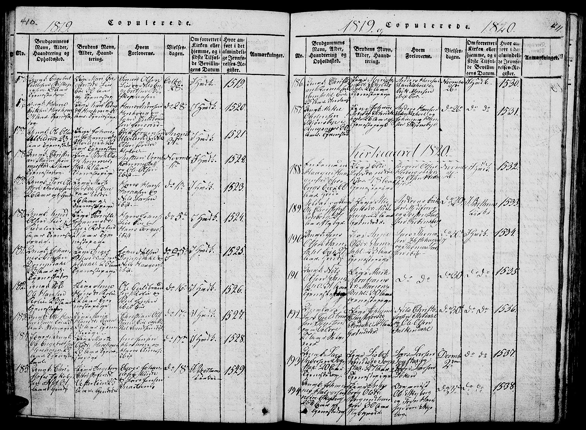 Ringsaker prestekontor, AV/SAH-PREST-014/L/La/L0001: Parish register (copy) no. 1, 1814-1826, p. 410-411