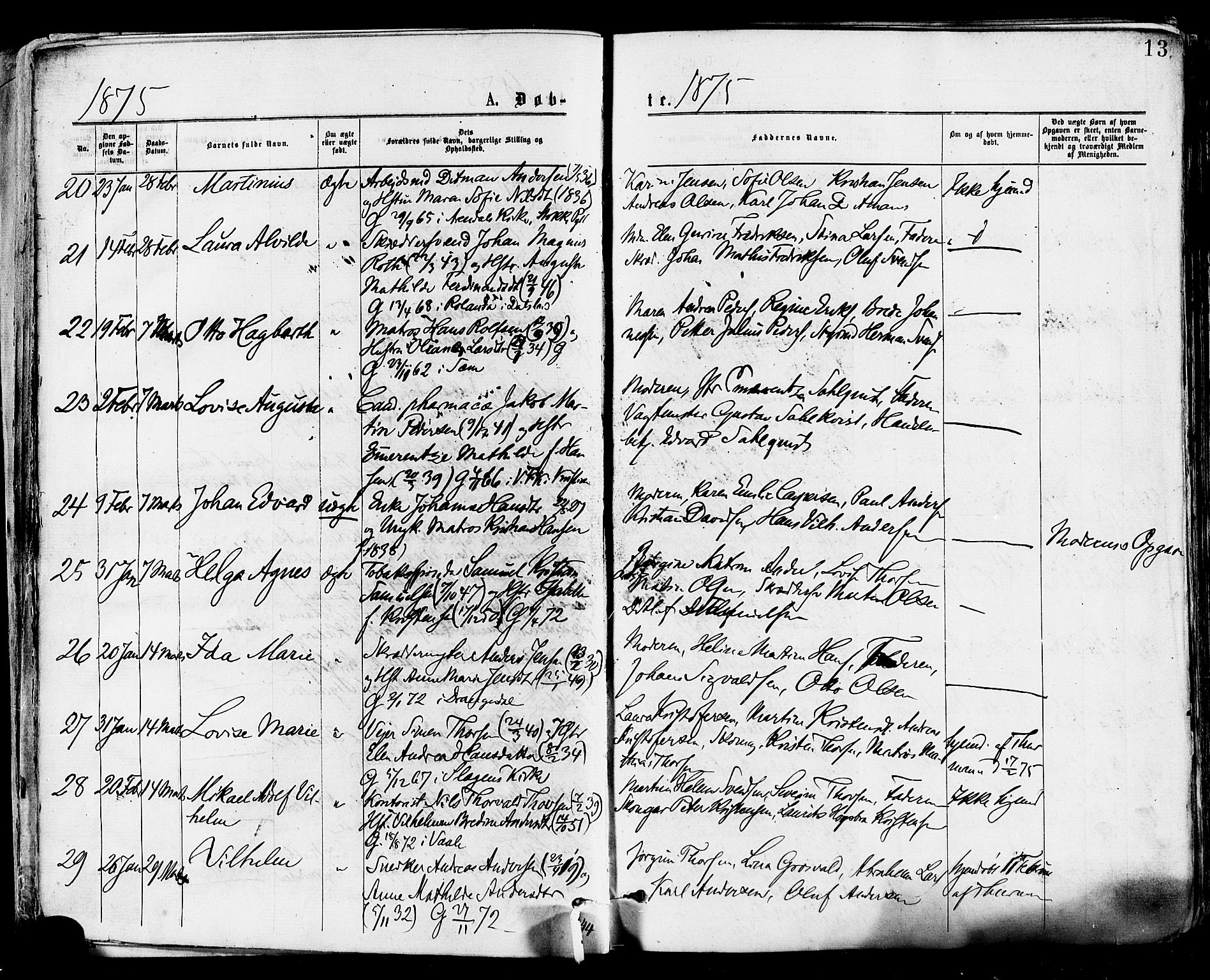 Tønsberg kirkebøker, AV/SAKO-A-330/F/Fa/L0010: Parish register (official) no. I 10, 1874-1880, p. 13