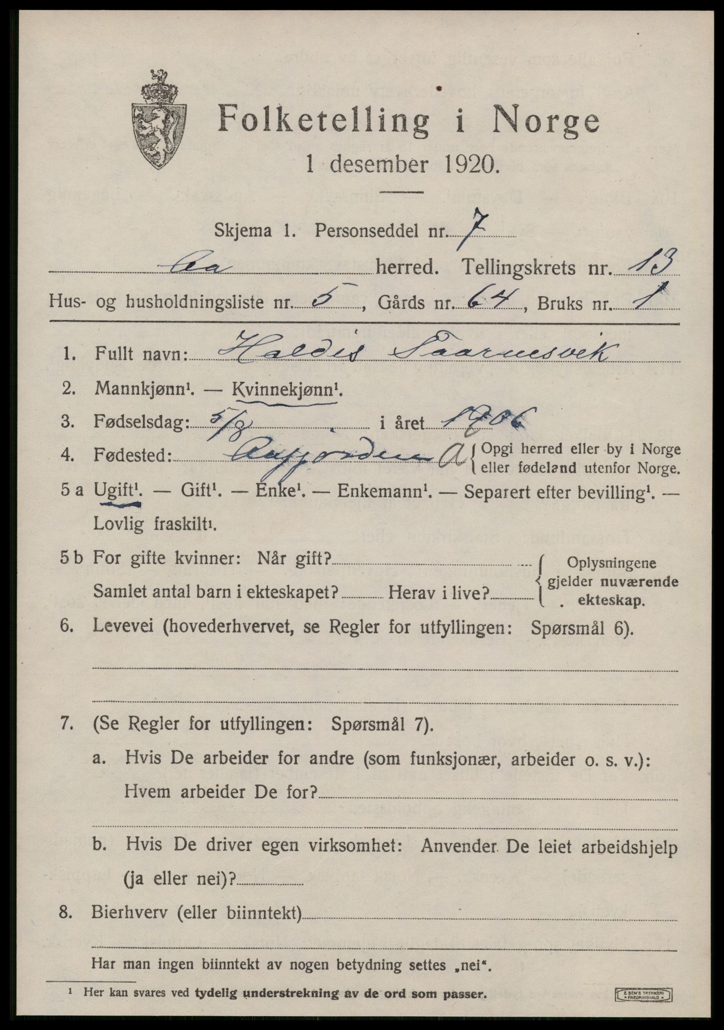 SAT, 1920 census for Å, 1920, p. 5546