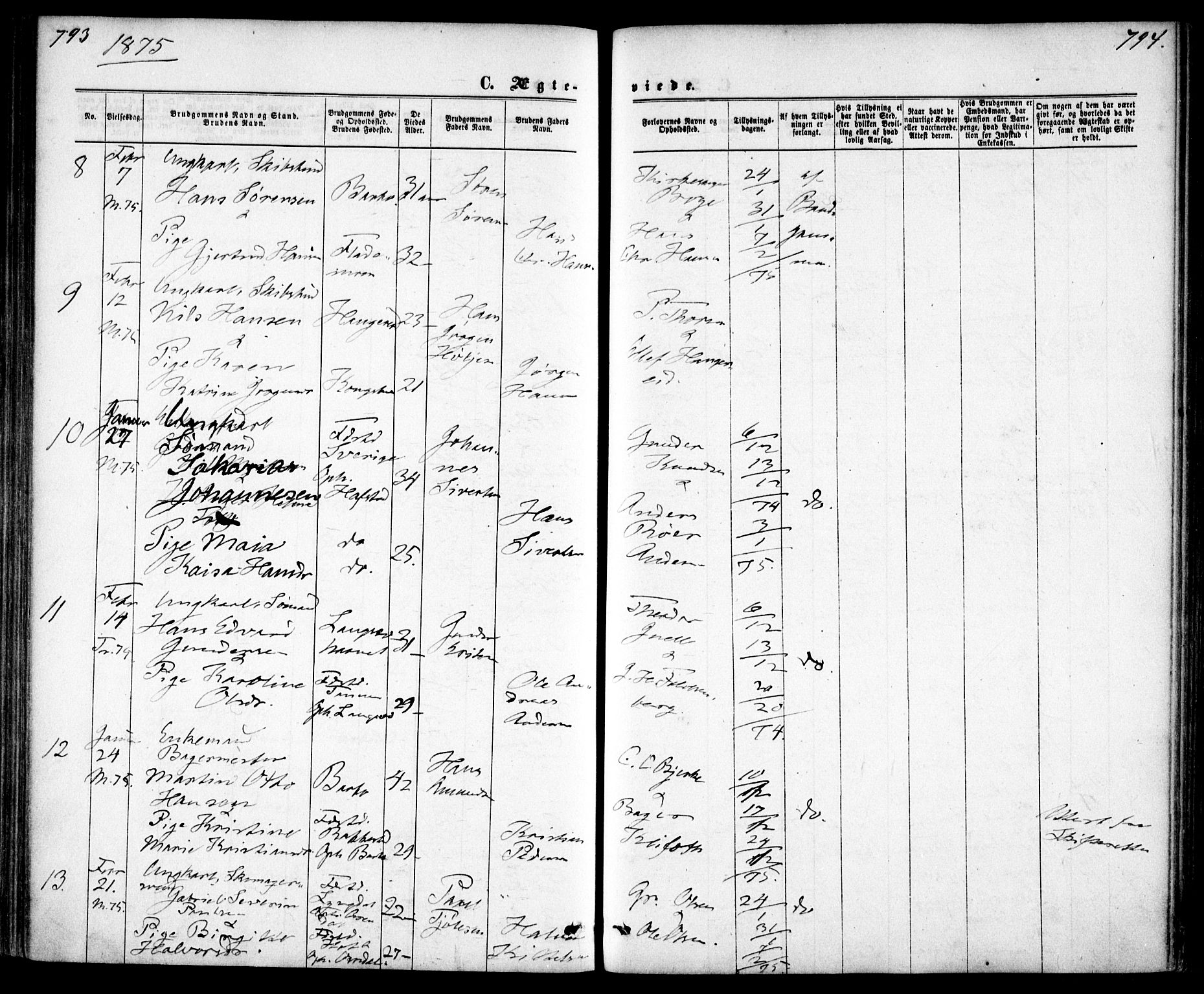 Tromøy sokneprestkontor, AV/SAK-1111-0041/F/Fa/L0008: Parish register (official) no. A 8, 1870-1877, p. 793-794