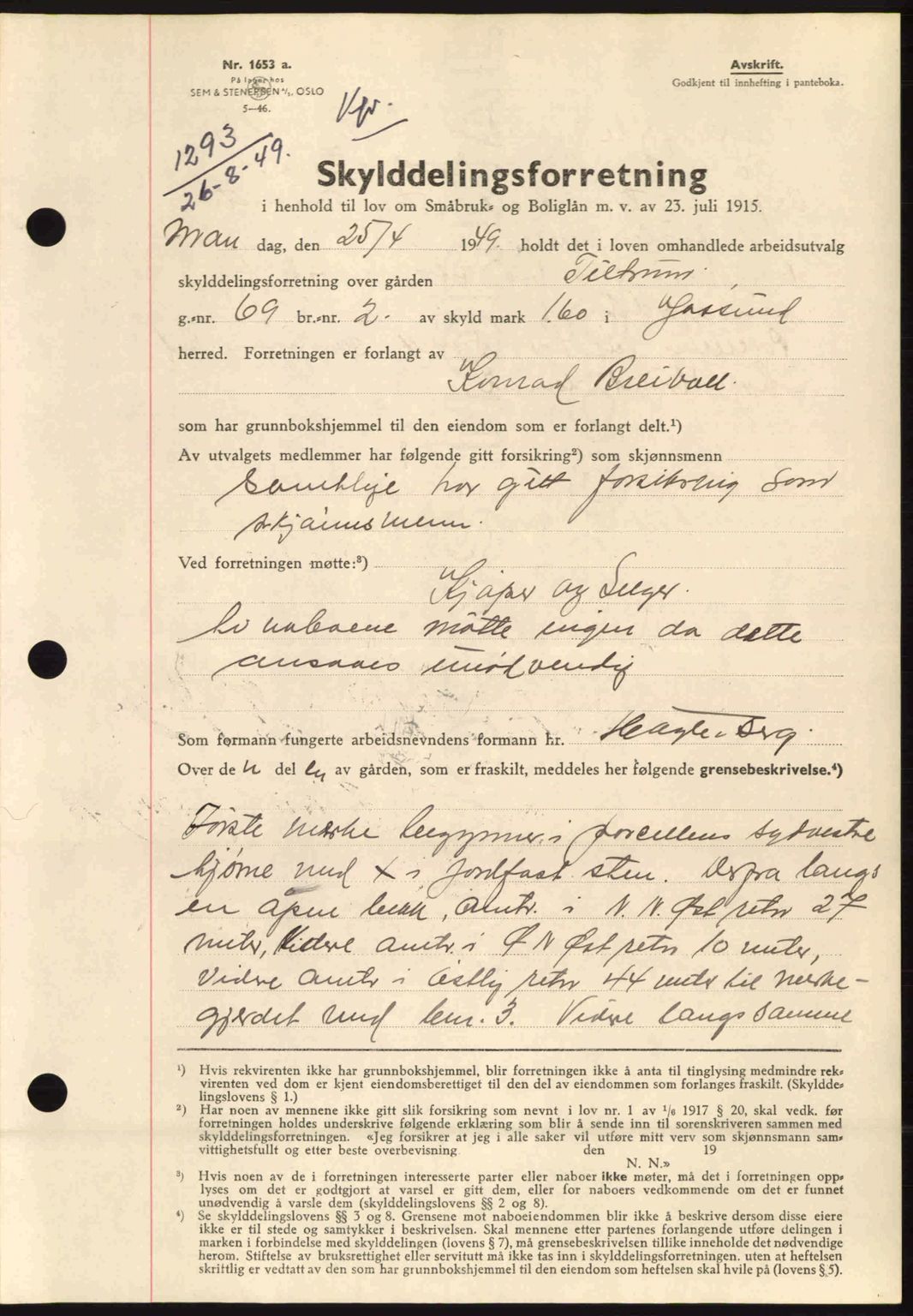 Fosen sorenskriveri, AV/SAT-A-1107/1/2/2C: Mortgage book no. A10, 1949-1950, Diary no: : 1293/1949