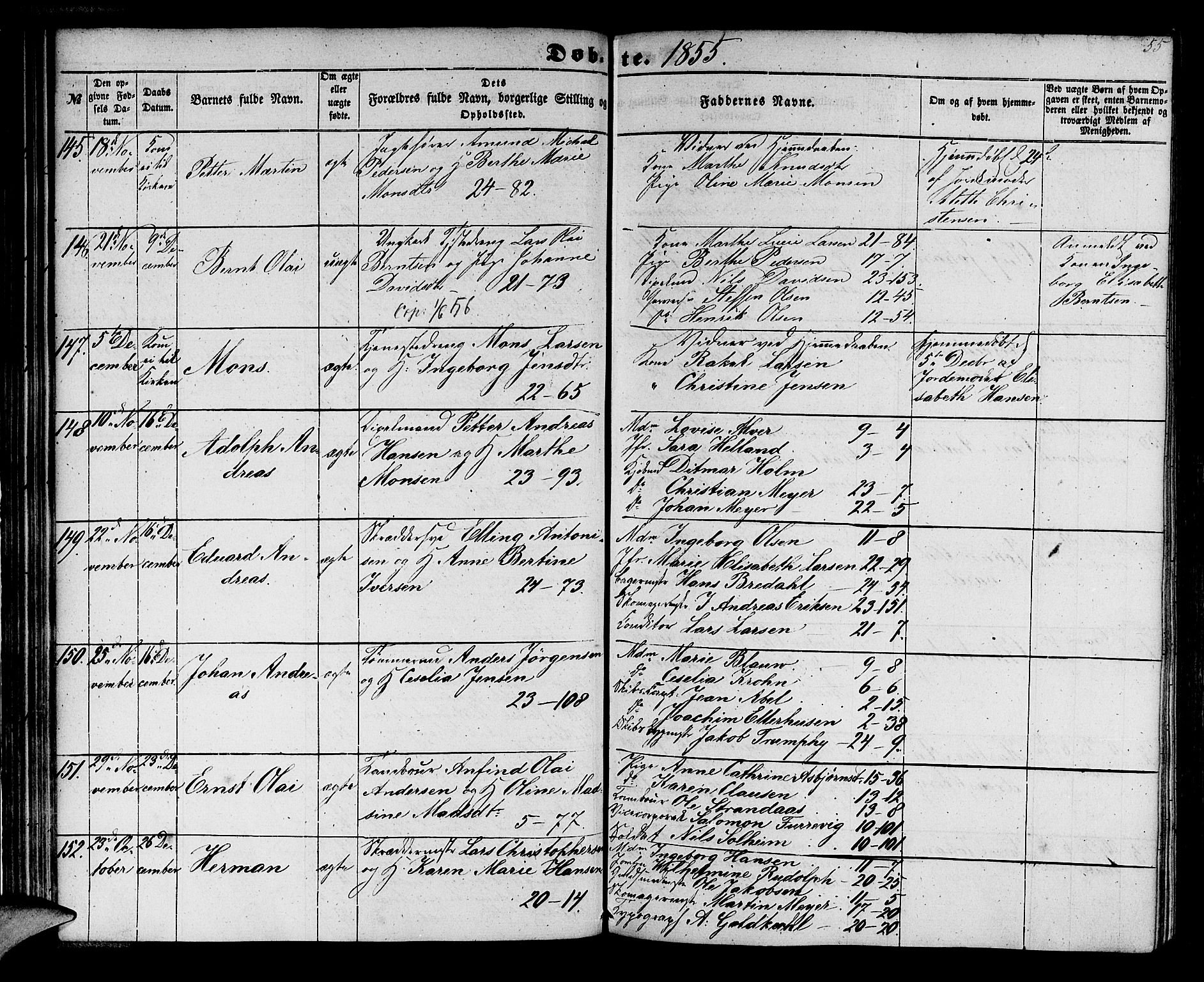 Korskirken sokneprestembete, AV/SAB-A-76101/H/Hab: Parish register (copy) no. B 3, 1853-1858, p. 55