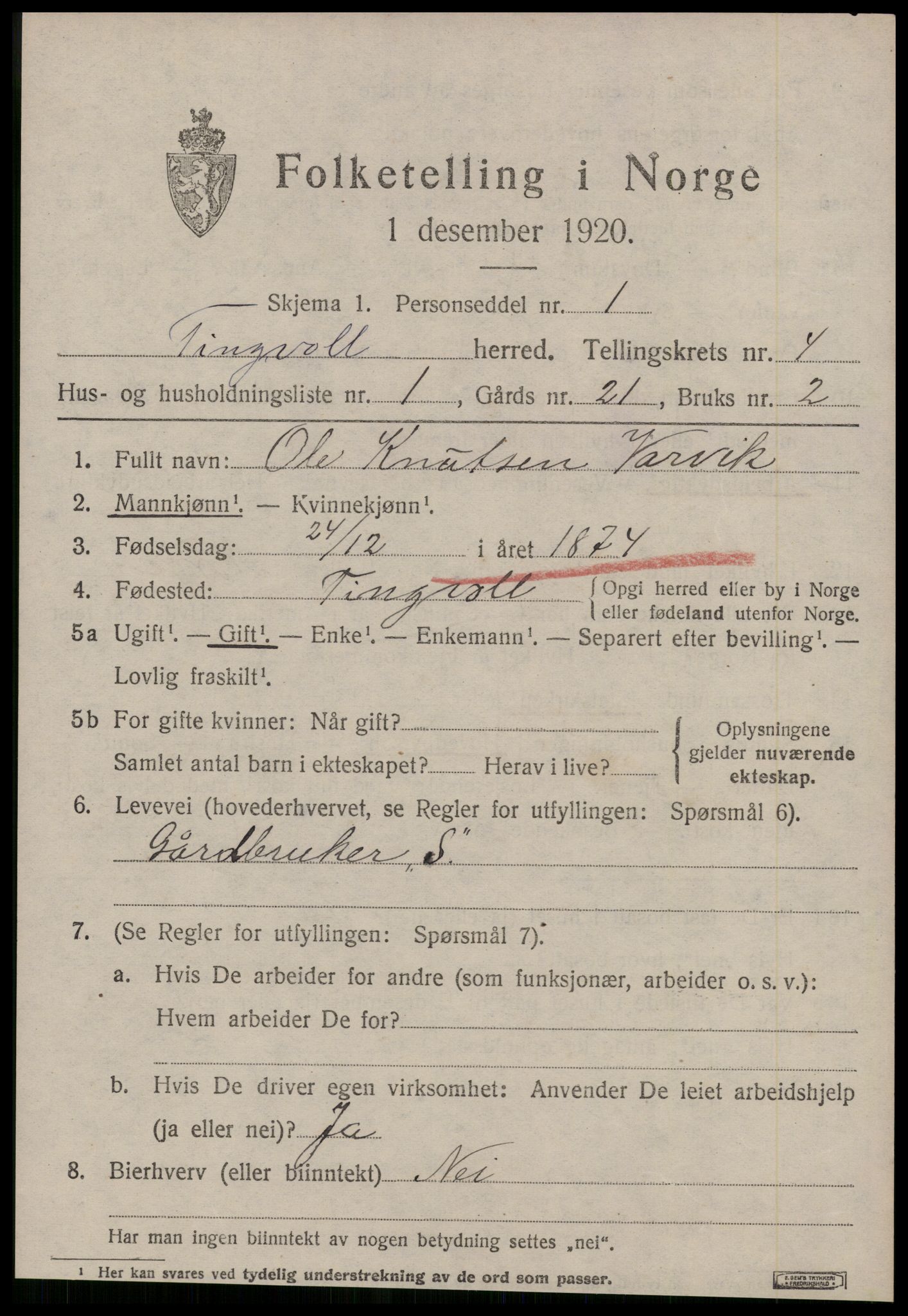 SAT, 1920 census for Tingvoll, 1920, p. 1800