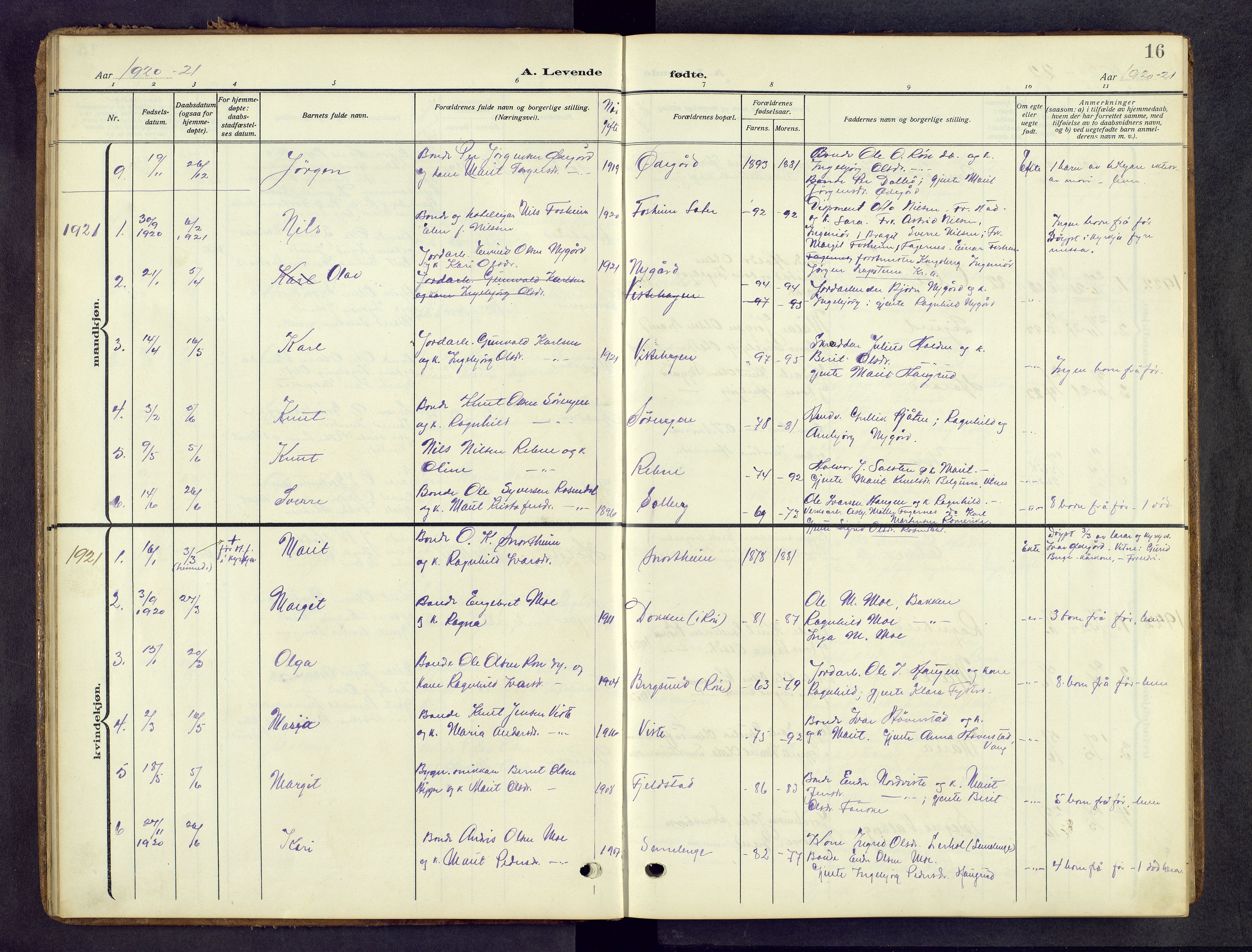 Vestre Slidre prestekontor, AV/SAH-PREST-136/H/Ha/Hab/L0008: Parish register (copy) no. 8, 1909-1952, p. 16