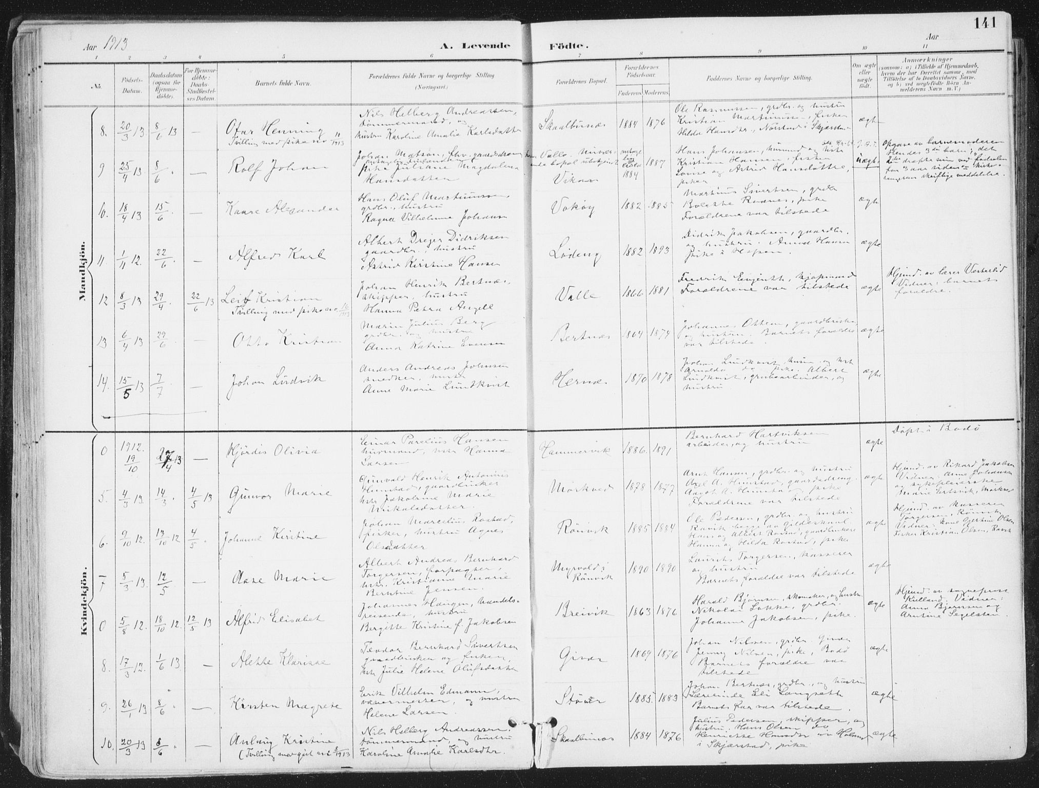 Ministerialprotokoller, klokkerbøker og fødselsregistre - Nordland, AV/SAT-A-1459/802/L0055: Parish register (official) no. 802A02, 1894-1915, p. 141