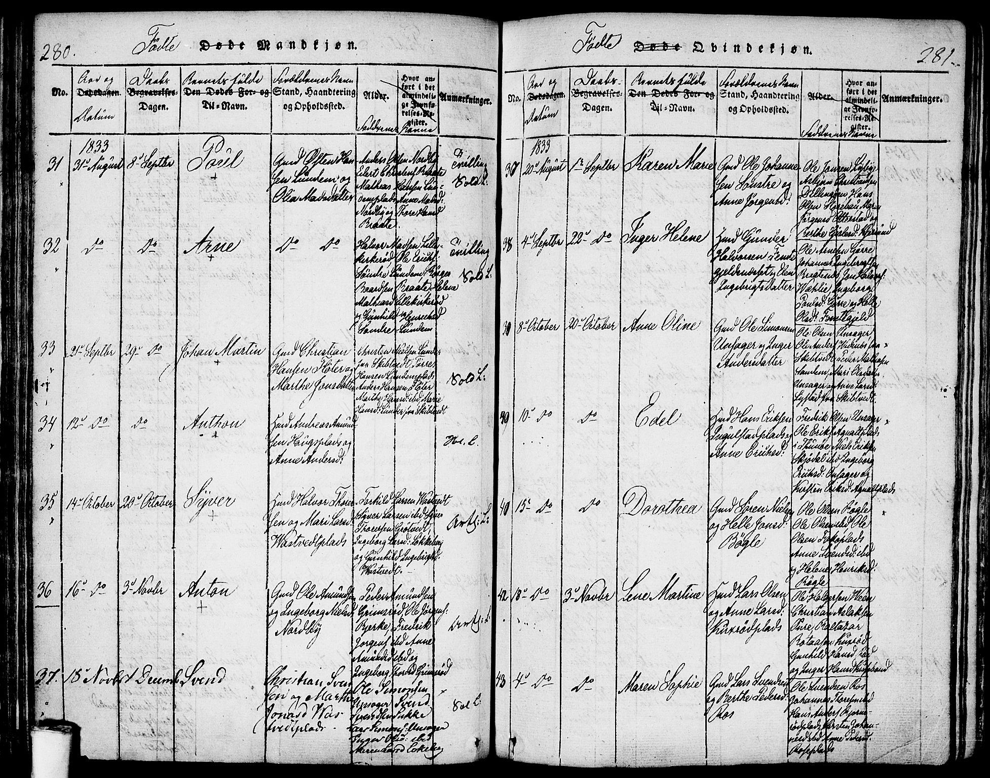 Våler prestekontor Kirkebøker, AV/SAO-A-11083/F/Fa/L0005: Parish register (official) no. I 5, 1815-1839, p. 280-281