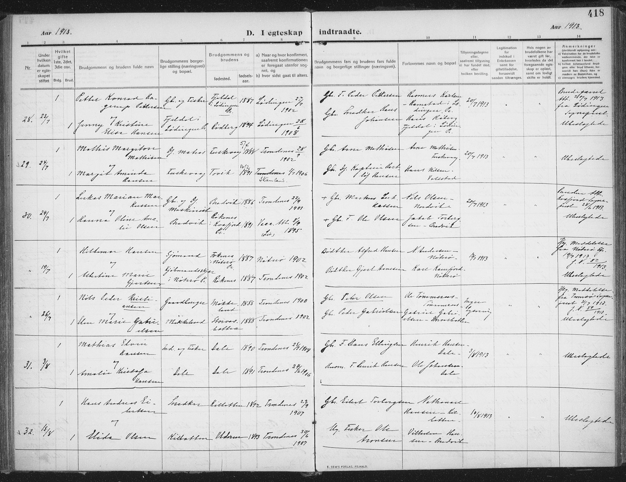 Trondenes sokneprestkontor, SATØ/S-1319/H/Ha/L0018kirke: Parish register (official) no. 18, 1909-1918, p. 418