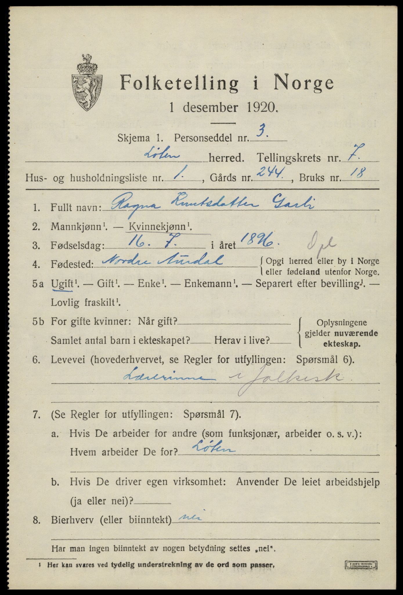 SAH, 1920 census for Løten, 1920, p. 13783