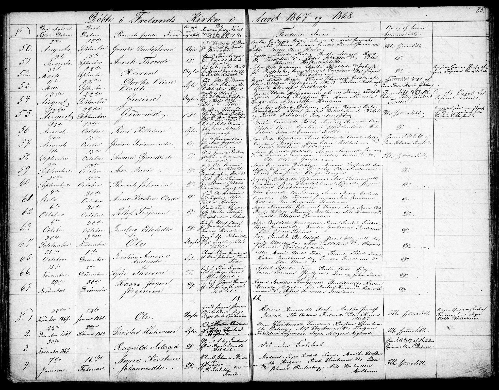Froland sokneprestkontor, SAK/1111-0013/F/Fb/L0008: Parish register (copy) no. B 8, 1843-1875, p. 85