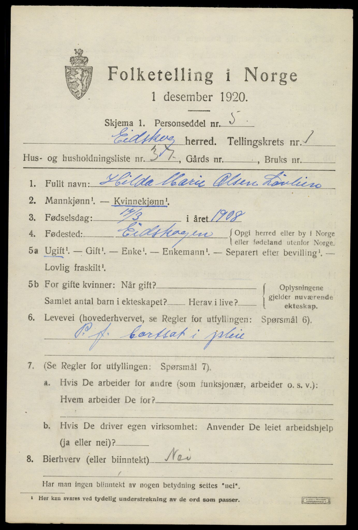 SAH, 1920 census for Eidskog, 1920, p. 2835