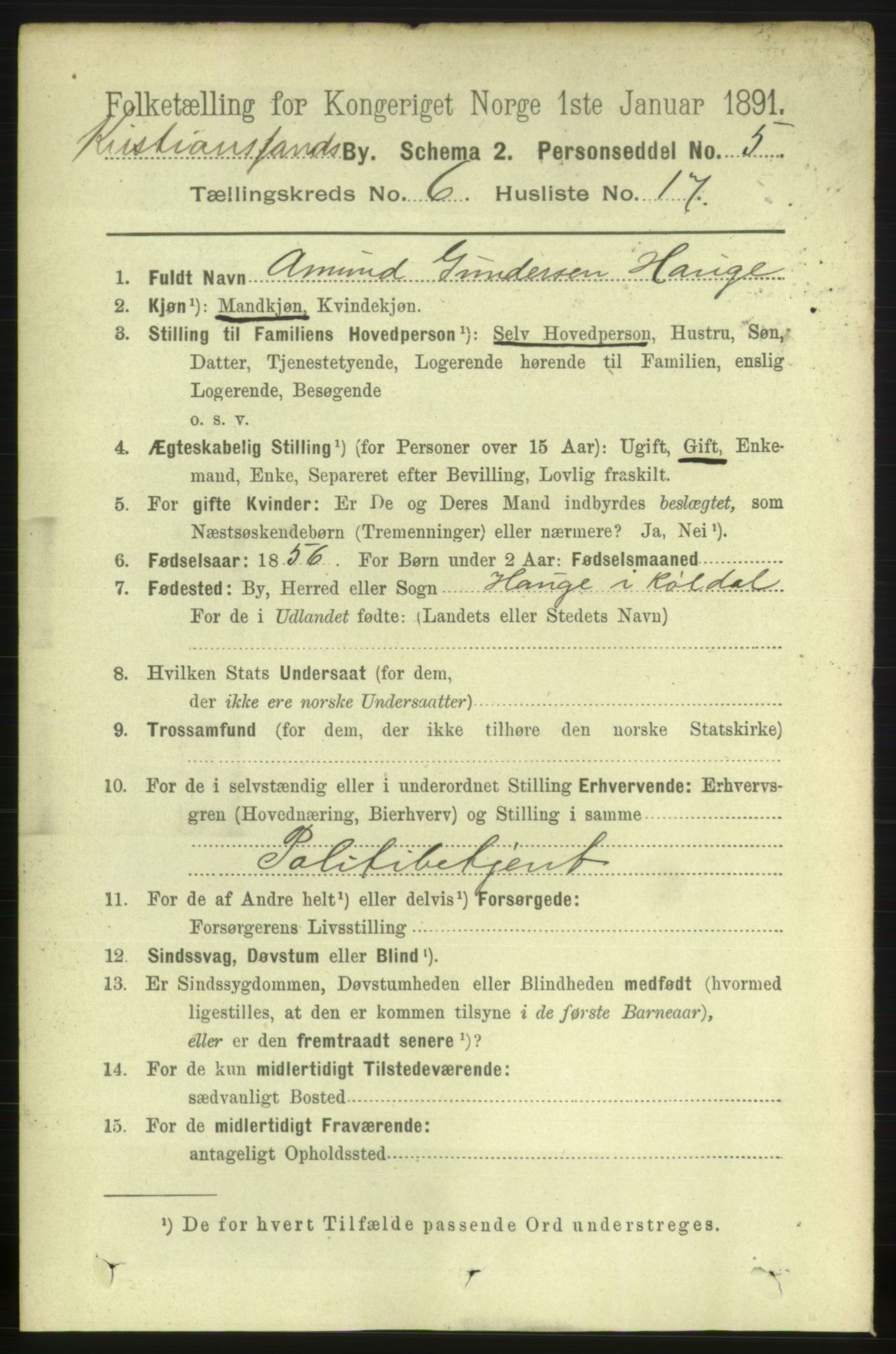 RA, 1891 census for 1001 Kristiansand, 1891, p. 4649