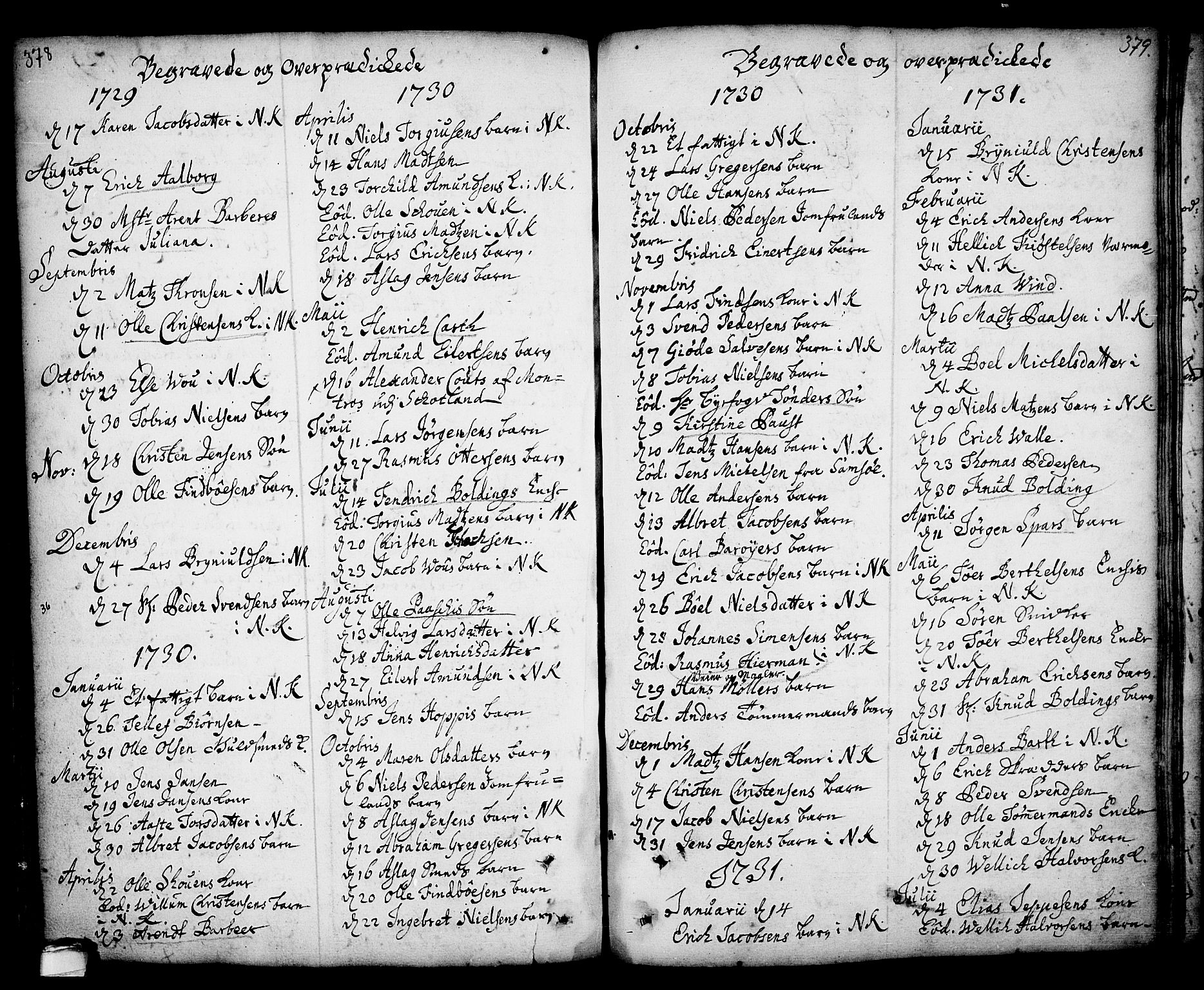 Kragerø kirkebøker, SAKO/A-278/F/Fa/L0001: Parish register (official) no. 1, 1702-1766, p. 378-379