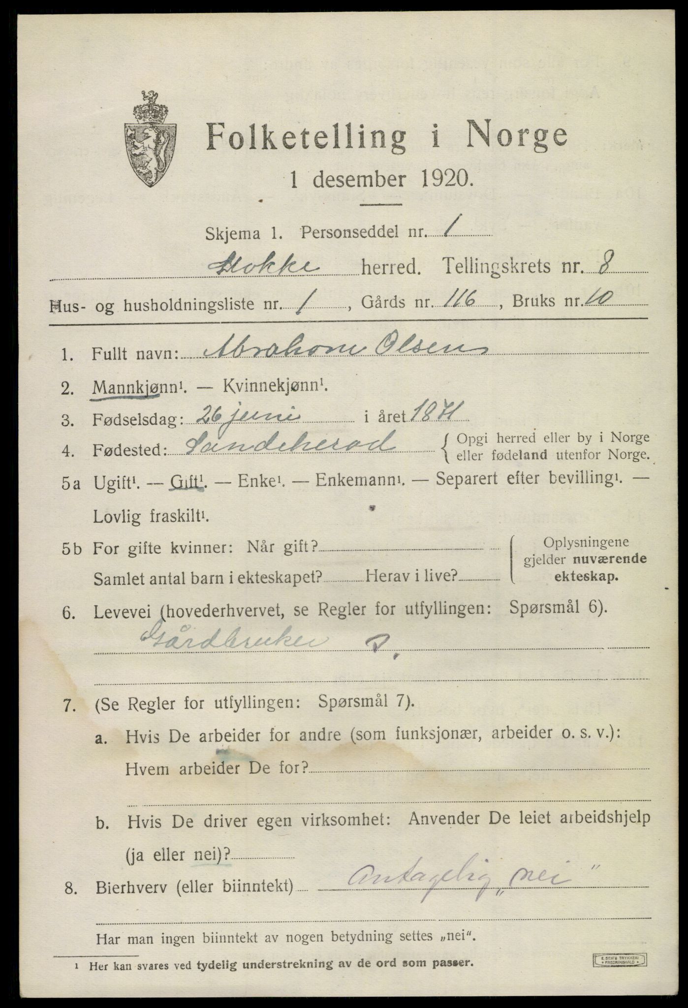 SAKO, 1920 census for Stokke, 1920, p. 9292