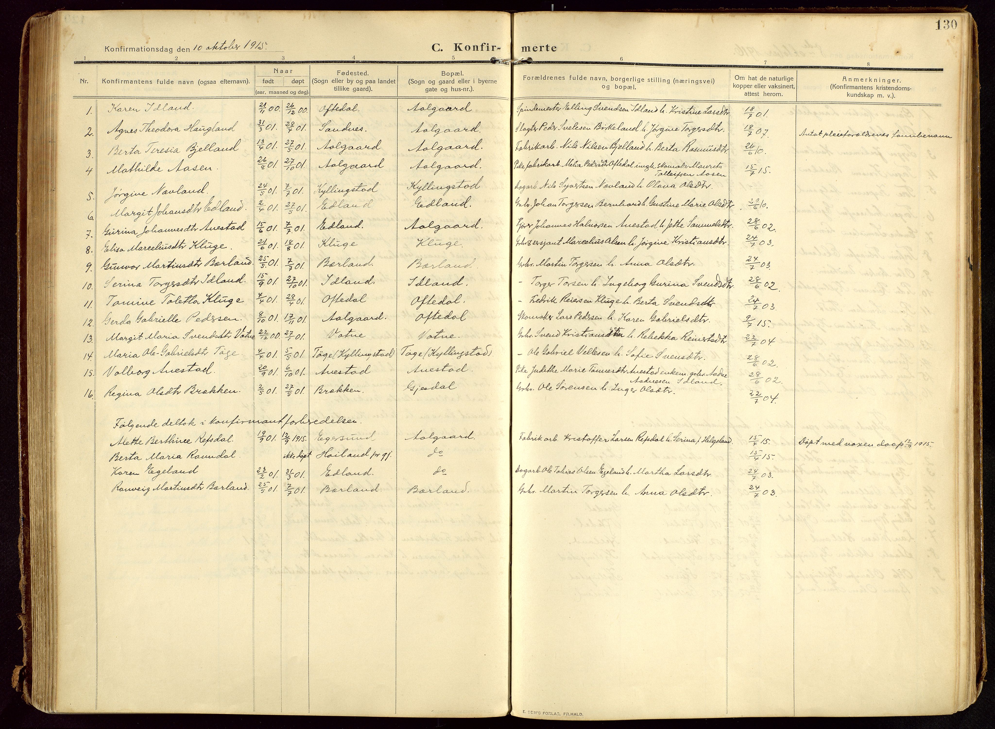 Lye sokneprestkontor, AV/SAST-A-101794/002/B/L0001: Parish register (official) no. A 13, 1910-1925, p. 130