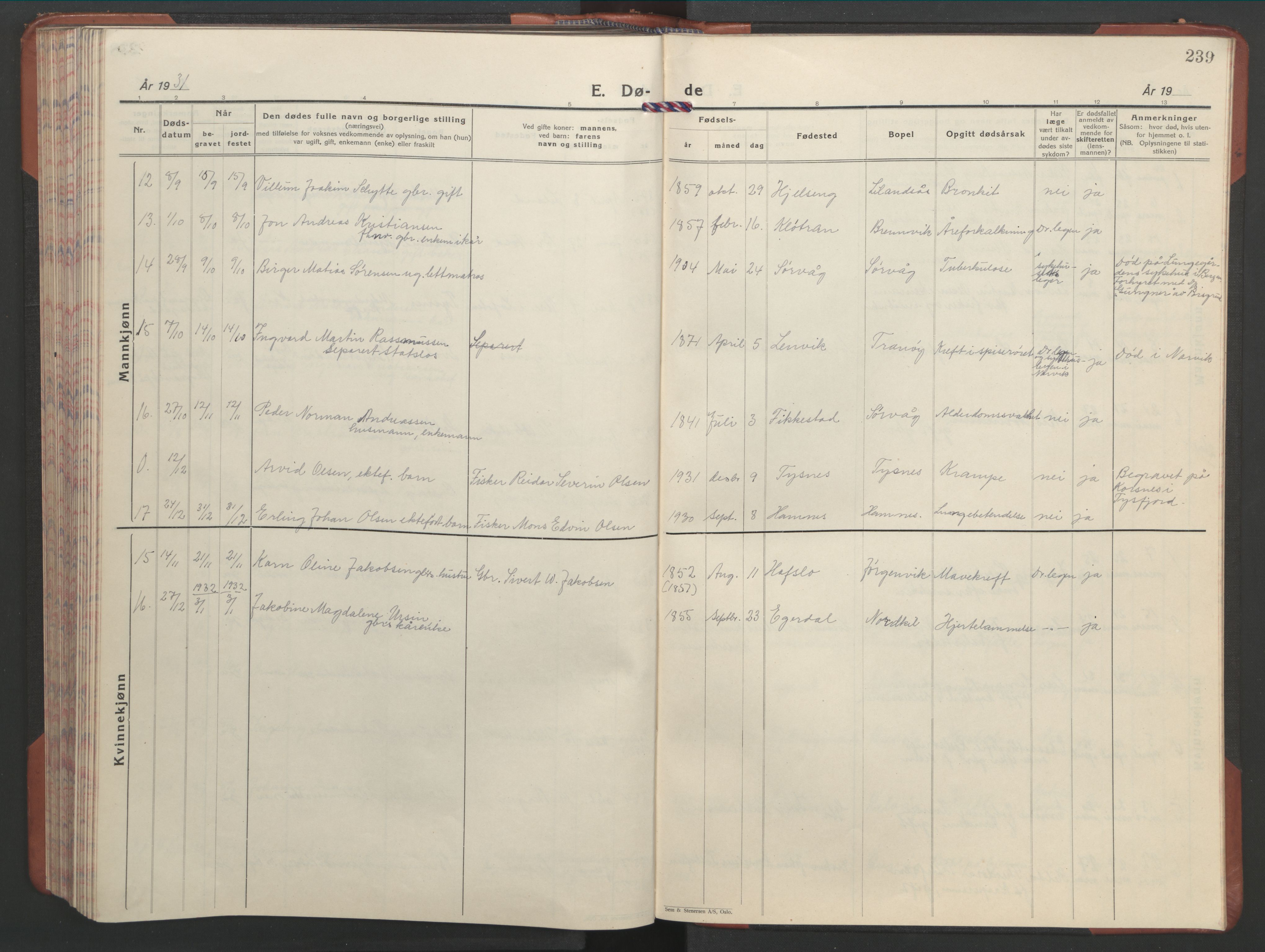 Ministerialprotokoller, klokkerbøker og fødselsregistre - Nordland, AV/SAT-A-1459/859/L0862: Parish register (copy) no. 859C08, 1925-1936, p. 239