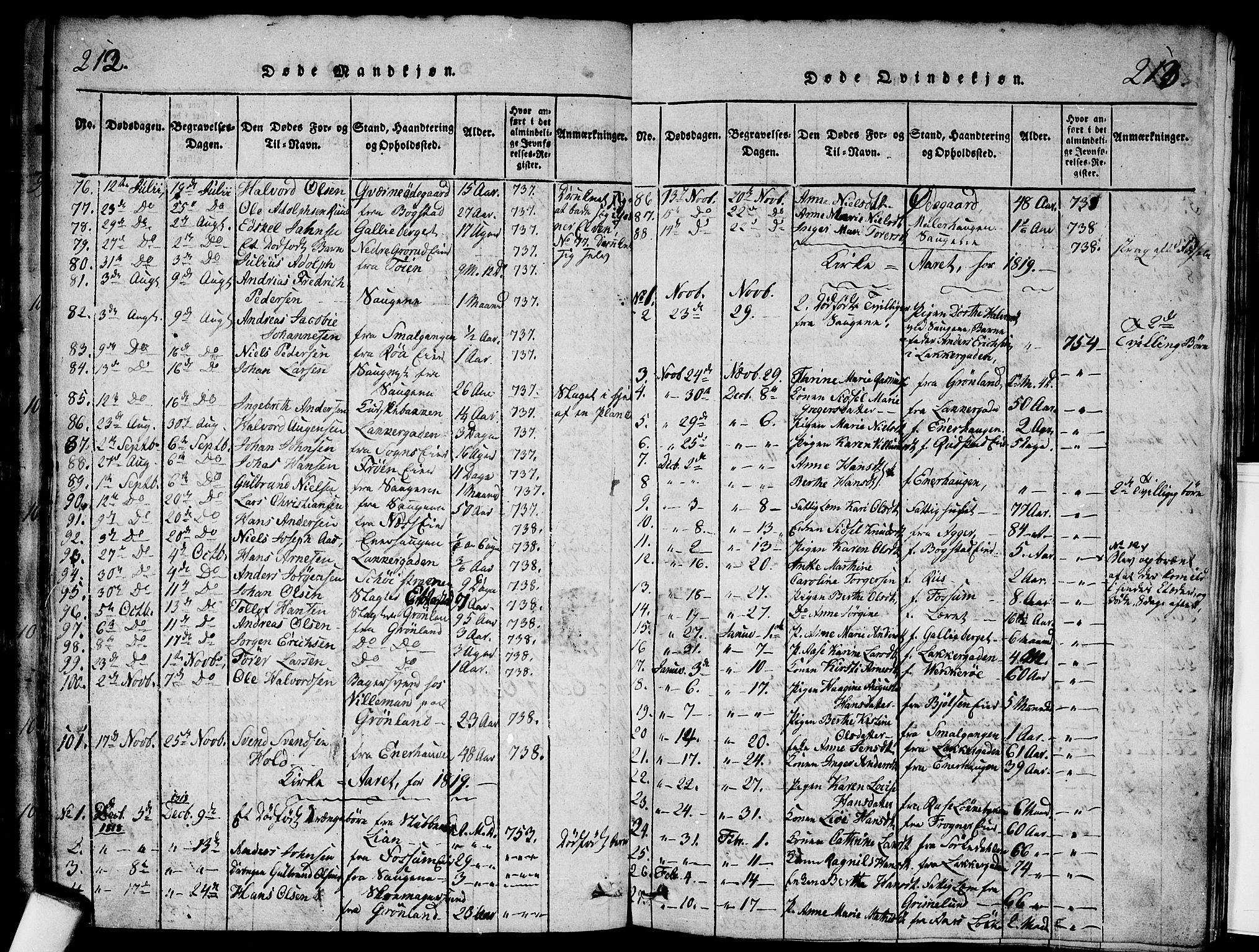 Aker prestekontor kirkebøker, SAO/A-10861/G/L0002: Parish register (copy) no. 2, 1815-1819, p. 212-213