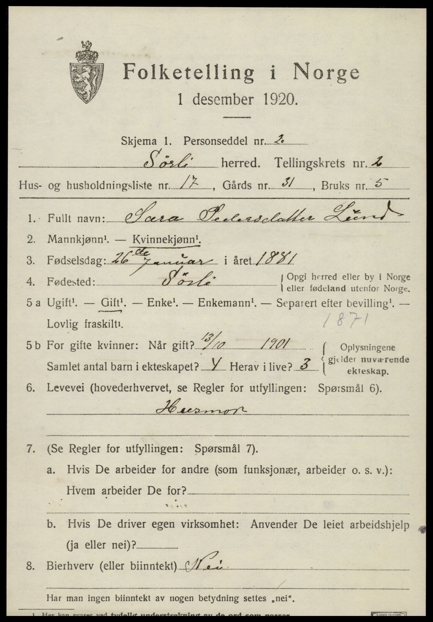 SAT, 1920 census for Sørli, 1920, p. 1055