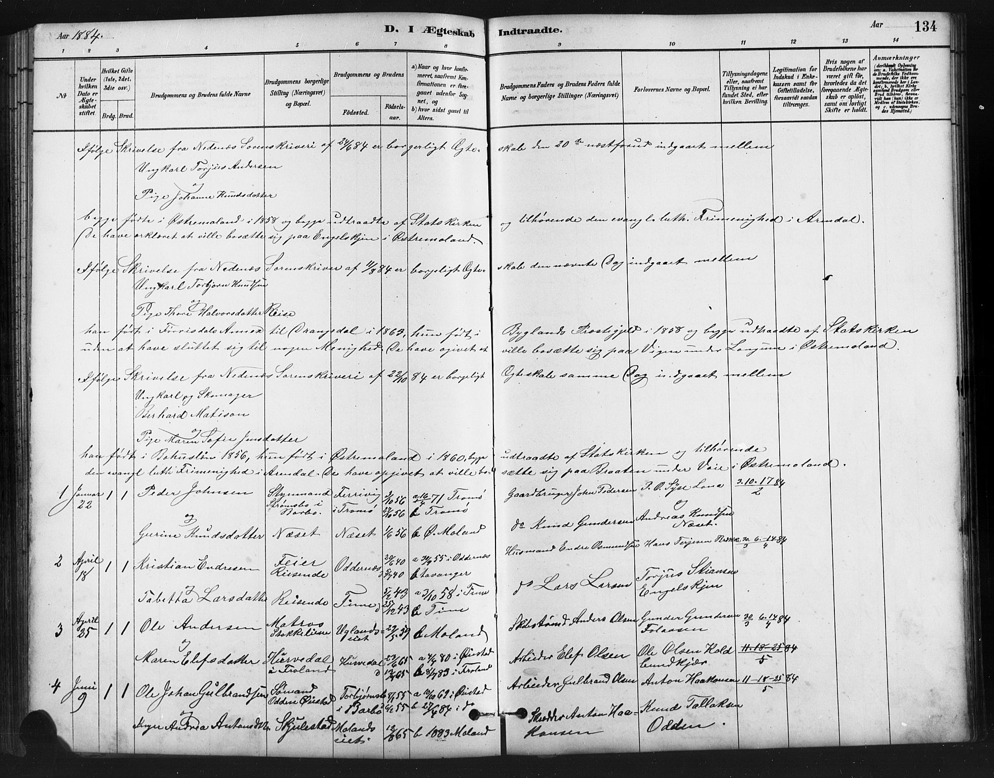 Austre Moland sokneprestkontor, SAK/1111-0001/F/Fb/Fba/L0003: Parish register (copy) no. B 3, 1879-1914, p. 134