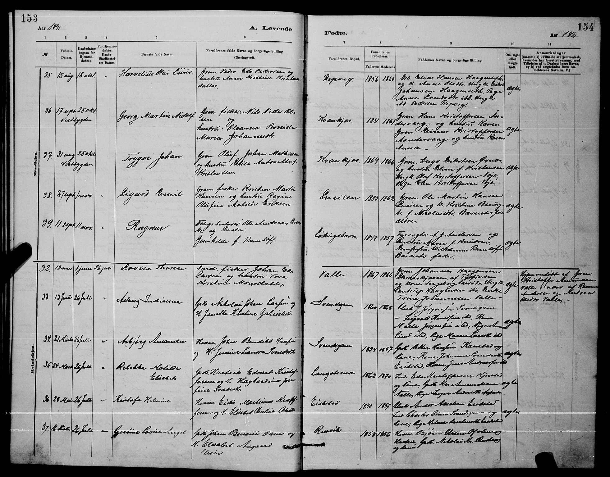 Ministerialprotokoller, klokkerbøker og fødselsregistre - Nordland, AV/SAT-A-1459/872/L1047: Parish register (copy) no. 872C03, 1880-1897, p. 153-154