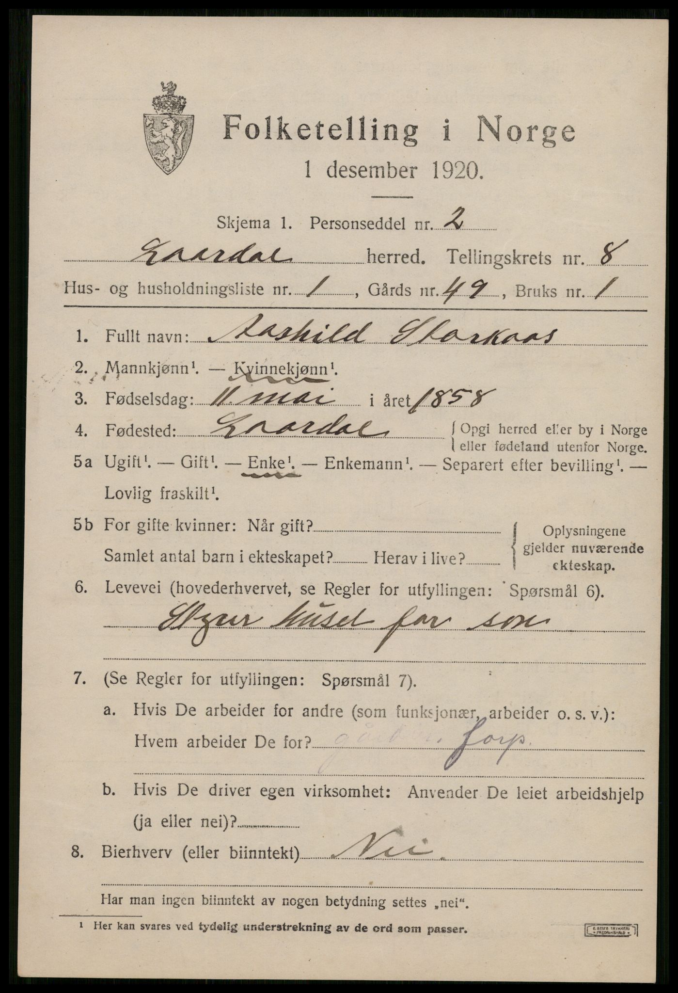 SAKO, 1920 census for Lårdal, 1920, p. 2907