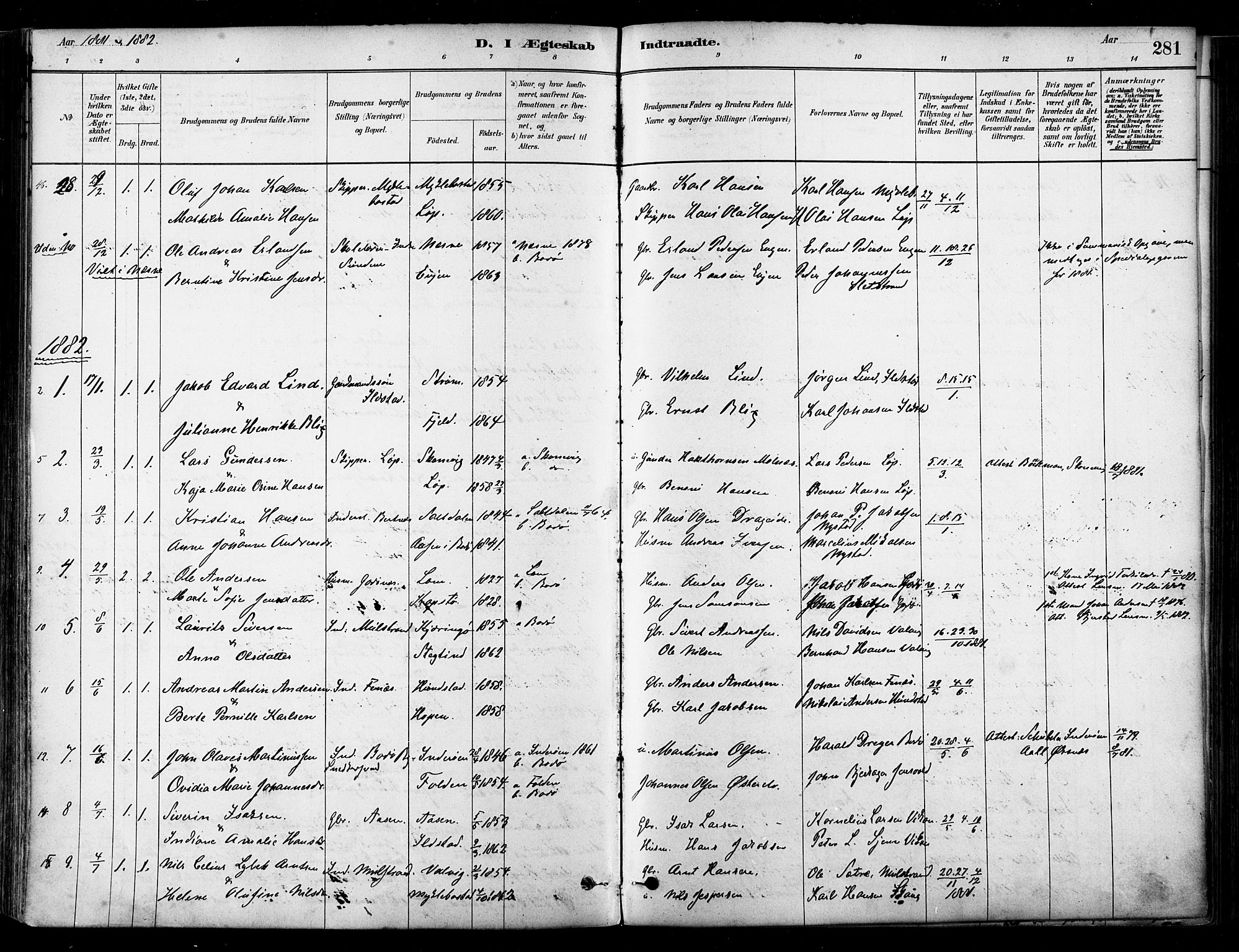 Ministerialprotokoller, klokkerbøker og fødselsregistre - Nordland, SAT/A-1459/802/L0054: Parish register (official) no. 802A01, 1879-1893, p. 281