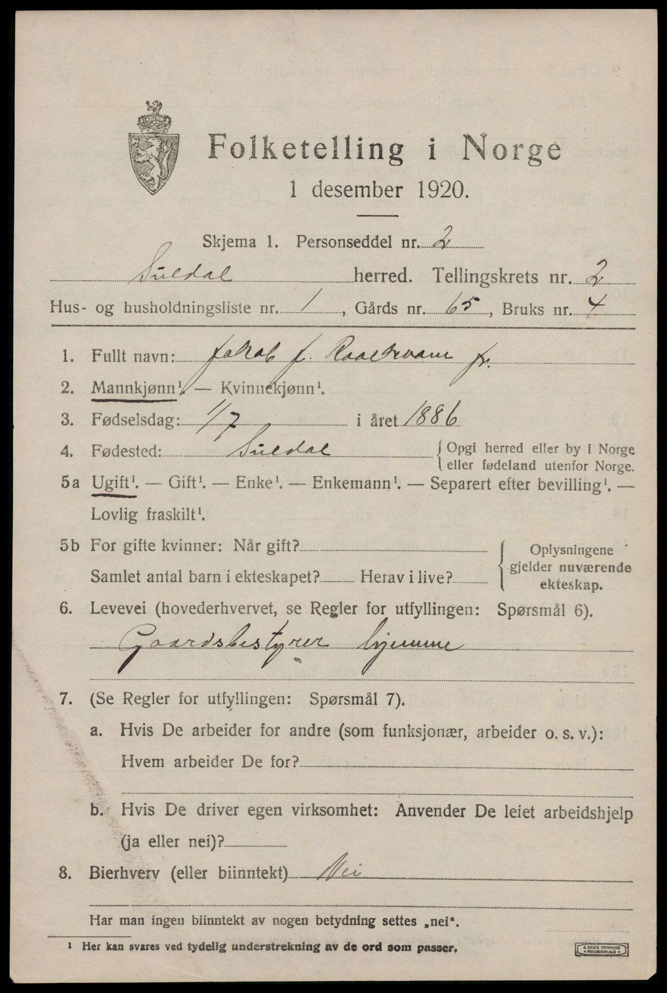 SAST, 1920 census for Suldal, 1920, p. 816