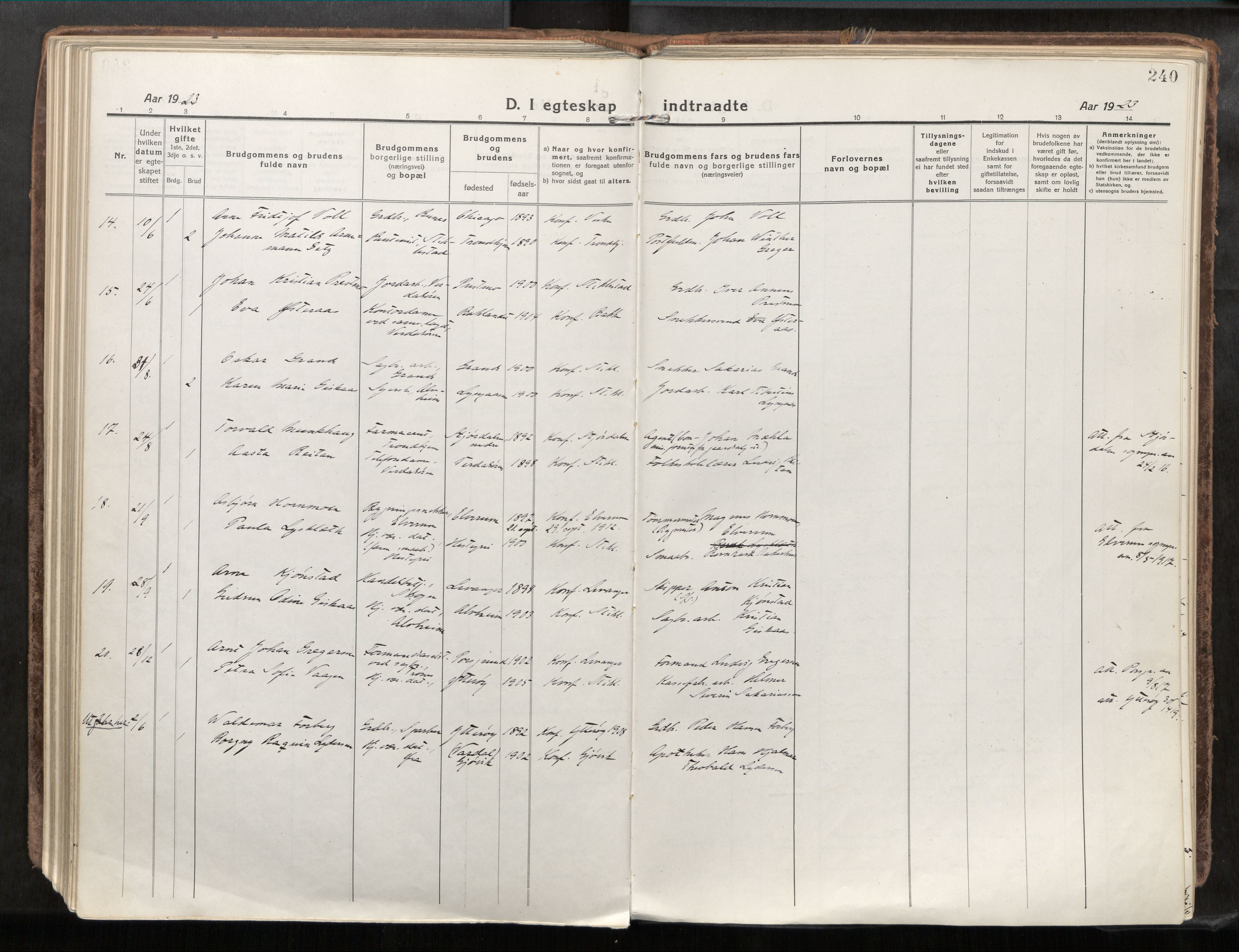 Verdal sokneprestkontor, SAT/A-1156/2/H/Haa/L0001: Parish register (official) no. 1, 1917-1932, p. 240