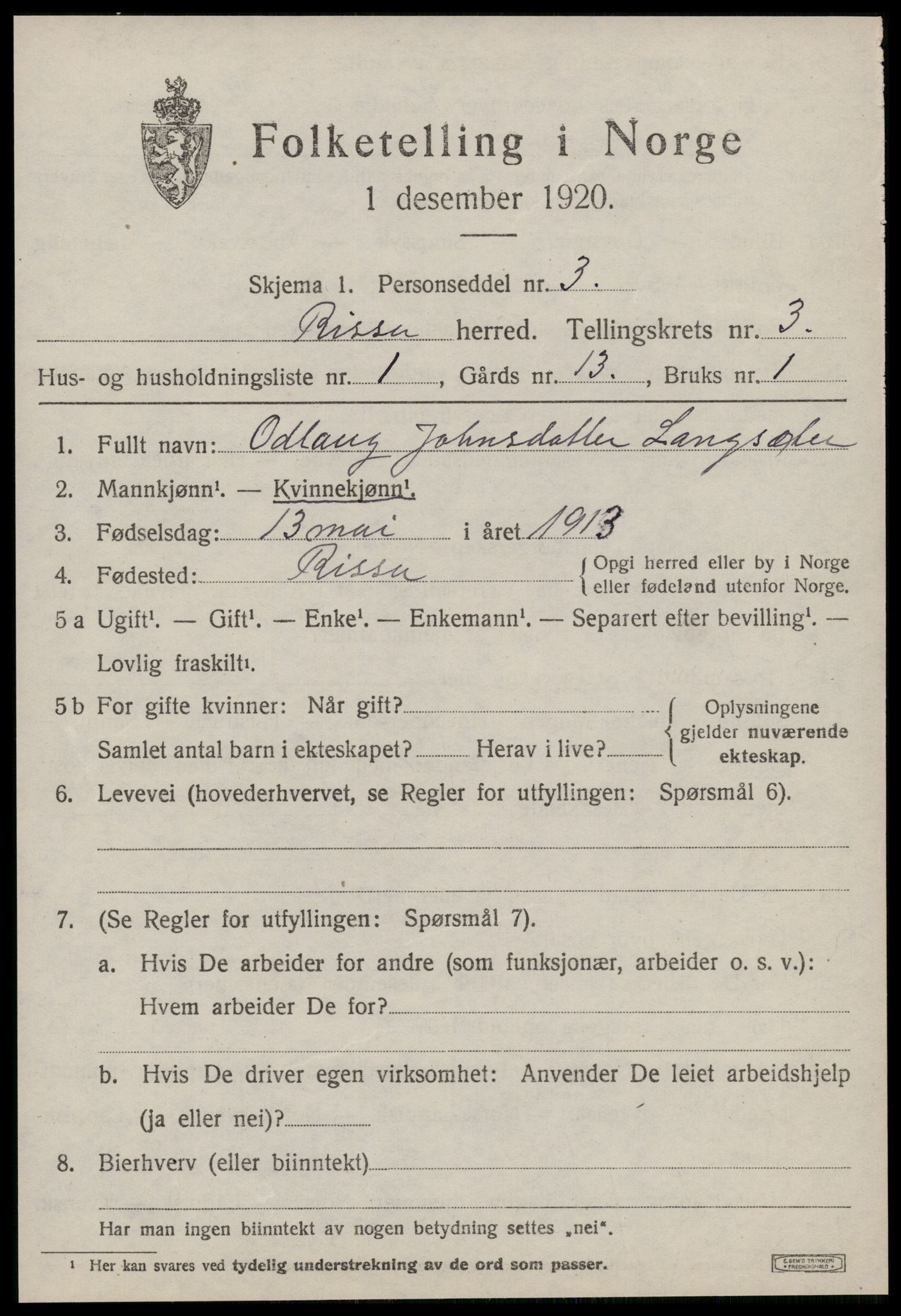 SAT, 1920 census for Rissa, 1920, p. 2495