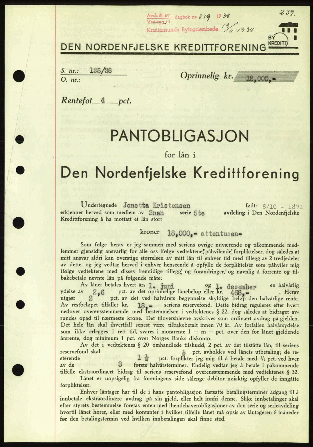 Kristiansund byfogd, SAT/A-4587/A/27: Mortgage book no. 31, 1938-1939, Diary no: : 849/1938
