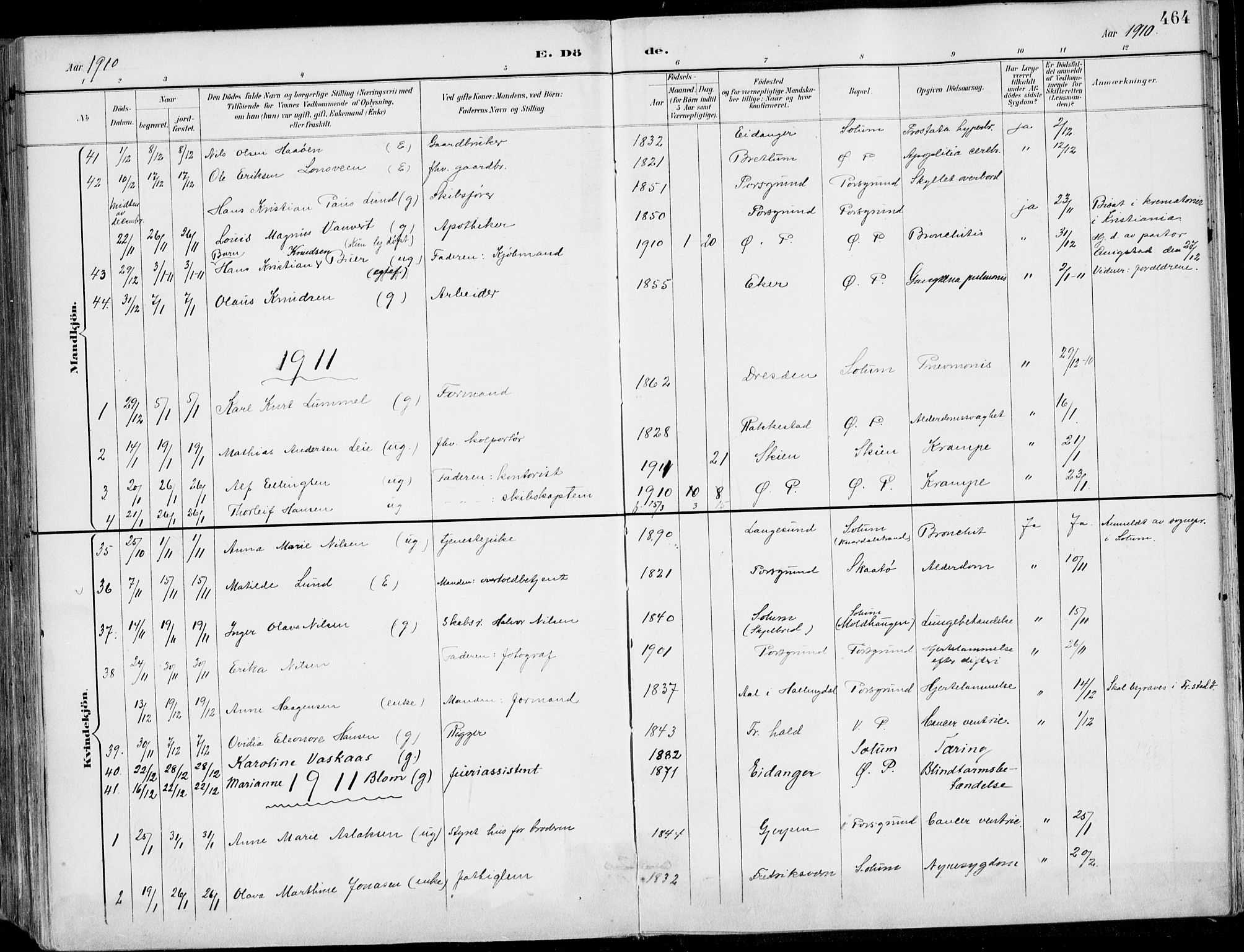Porsgrunn kirkebøker , SAKO/A-104/F/Fa/L0011: Parish register (official) no. 11, 1895-1919, p. 464
