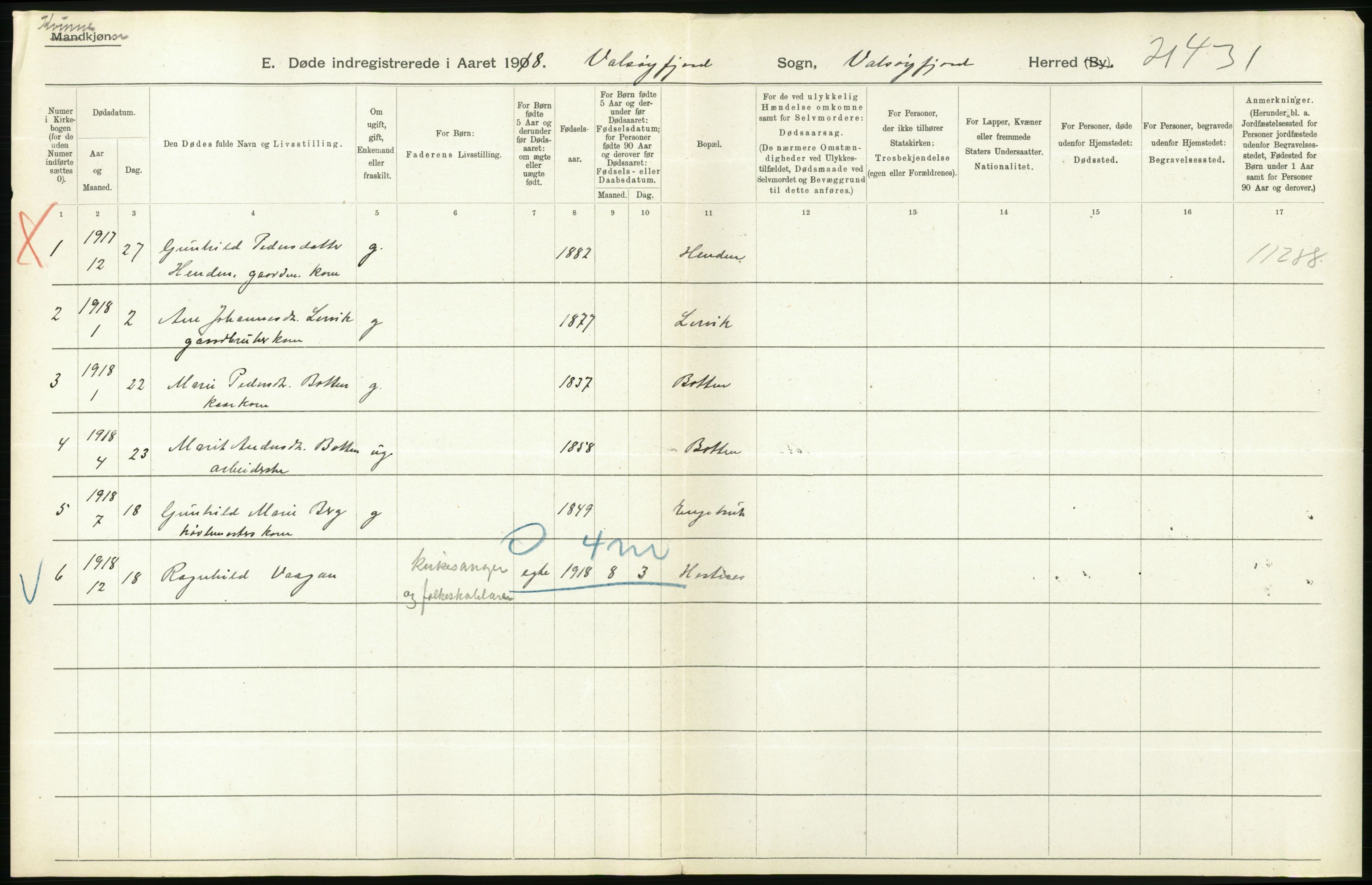 Statistisk sentralbyrå, Sosiodemografiske emner, Befolkning, AV/RA-S-2228/D/Df/Dfb/Dfbh/L0045: Møre fylke: Døde. Bygder og byer., 1918, p. 272