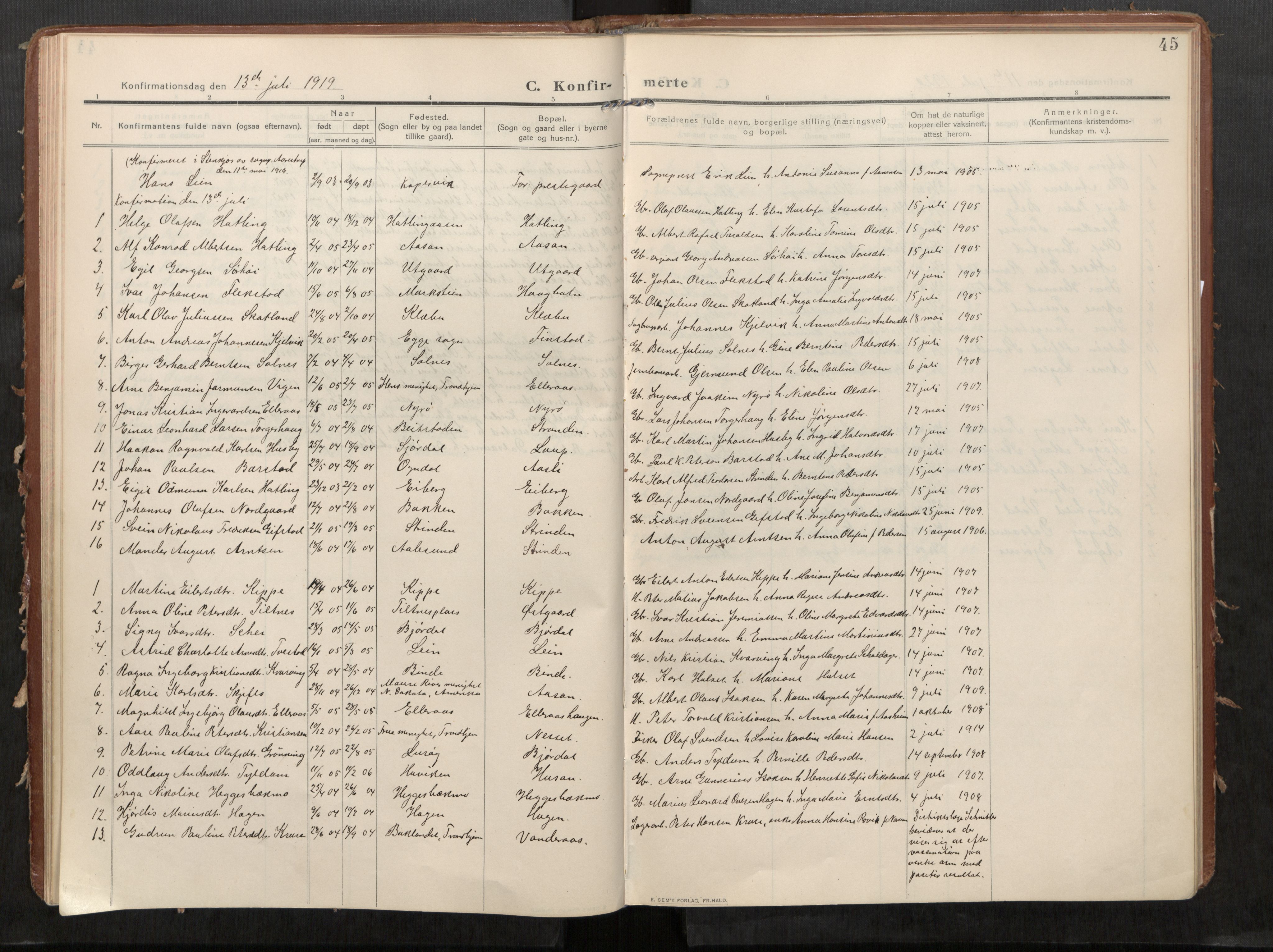 Stod sokneprestkontor, AV/SAT-A-1164/1/I/I1/I1a/L0002: Parish register (official) no. 2, 1909-1922, p. 45