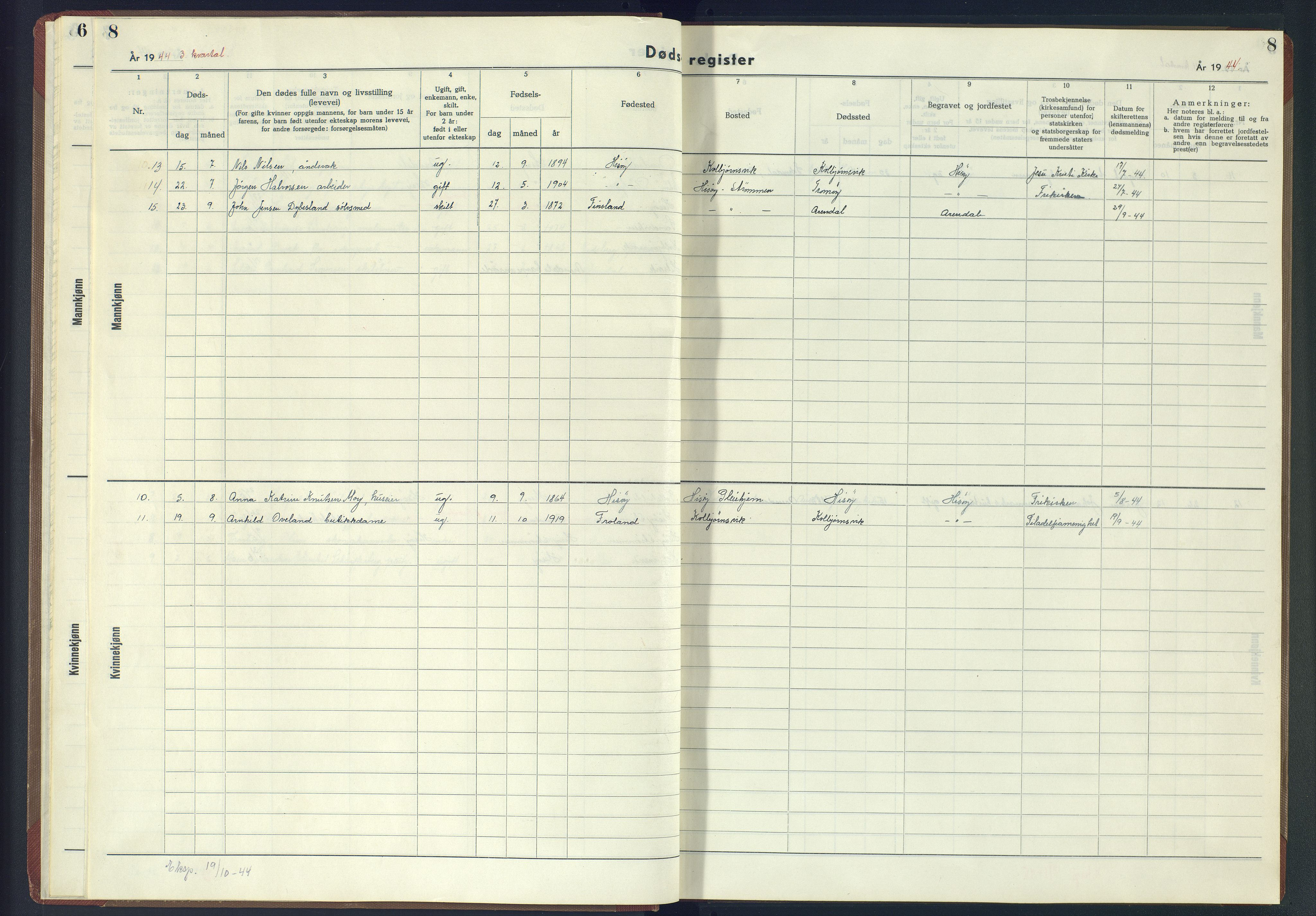 Hisøy sokneprestkontor, AV/SAK-1111-0020/J/Jb/L0003: A-VI-6 - Dødsfallsregister, 1942-1945, p. 8