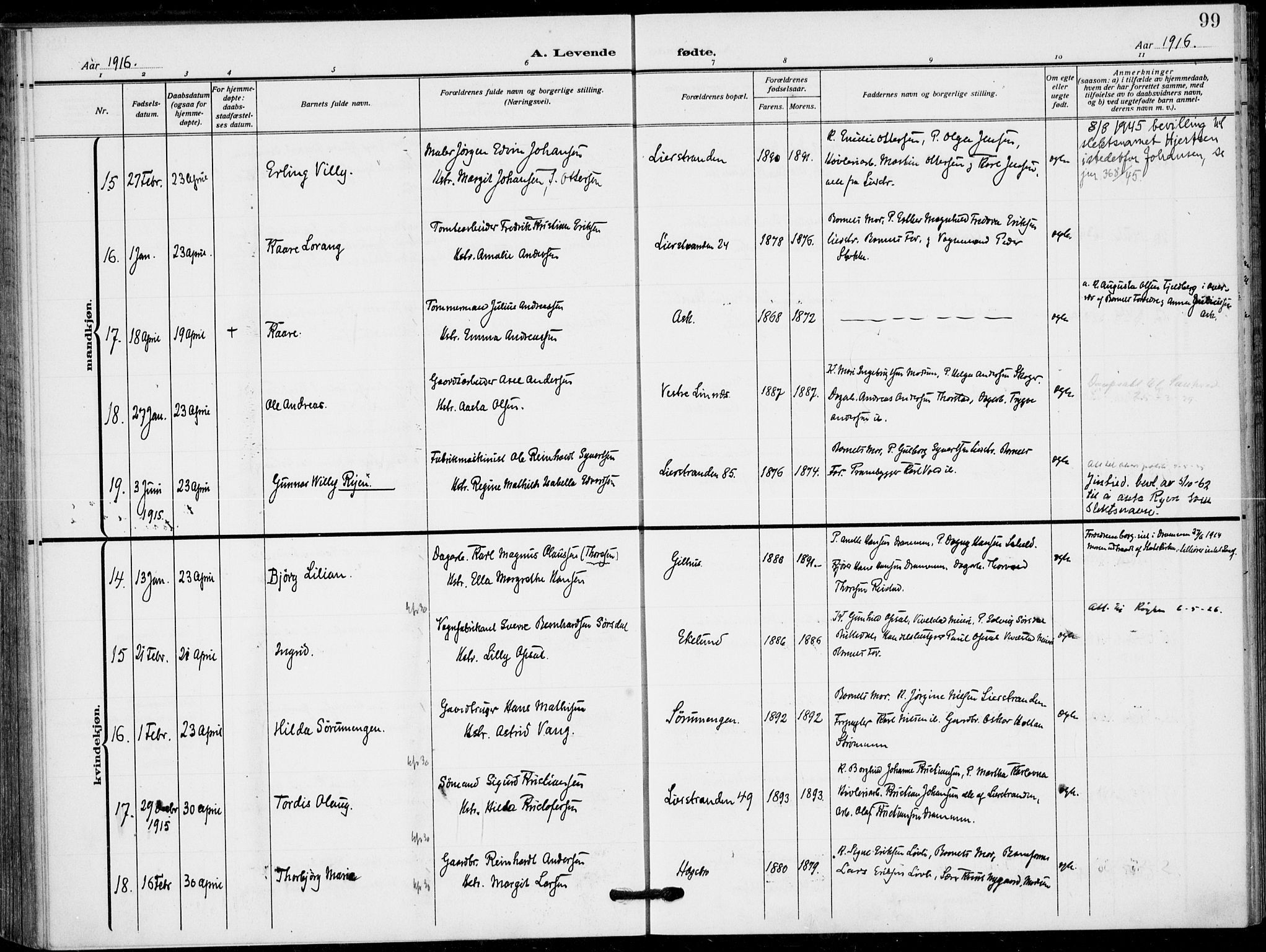 Lier kirkebøker, AV/SAKO-A-230/F/Fa/L0018: Parish register (official) no. I 18, 1909-1917, p. 99