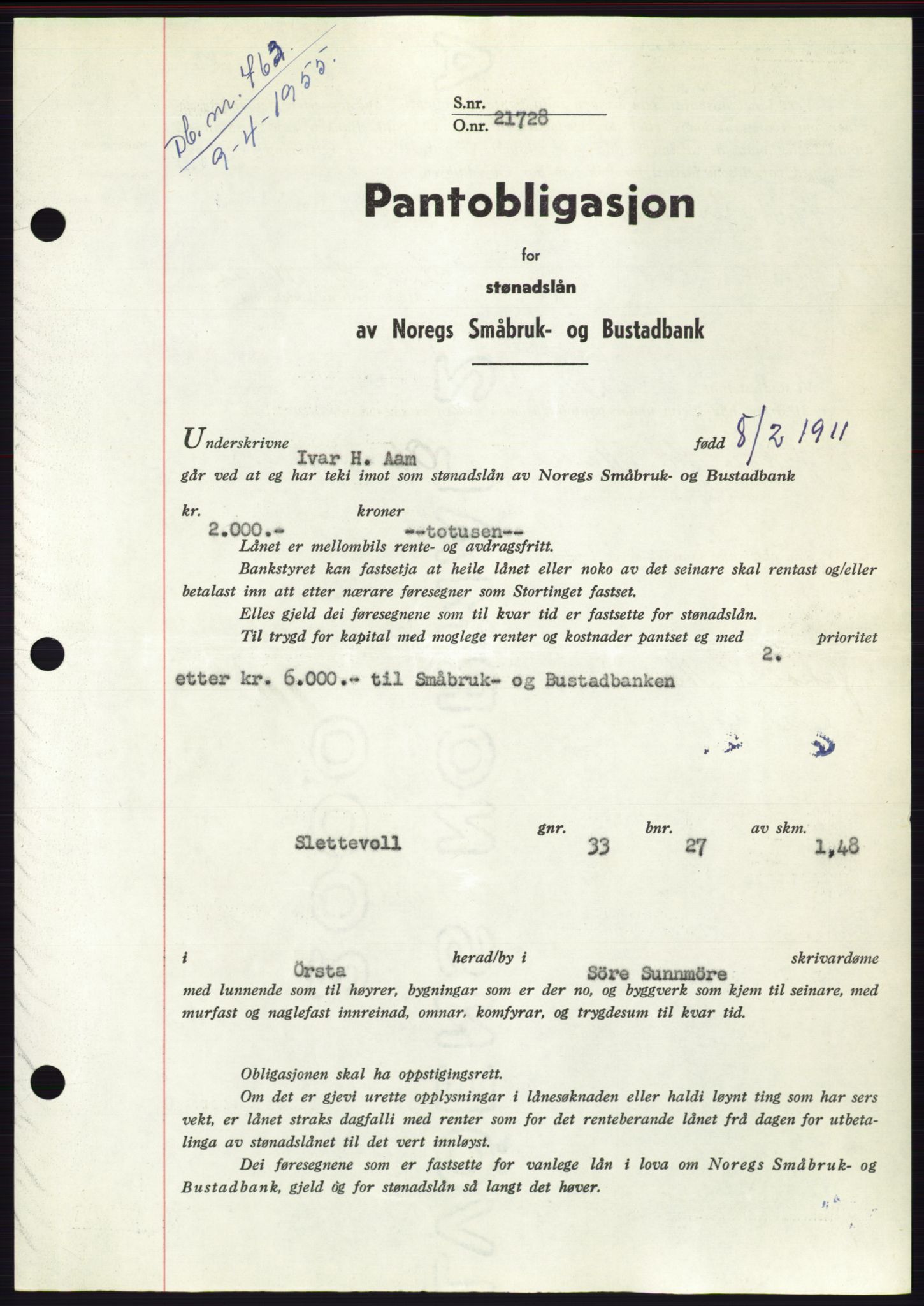 Søre Sunnmøre sorenskriveri, AV/SAT-A-4122/1/2/2C/L0126: Mortgage book no. 14B, 1954-1955, Diary no: : 763/1955