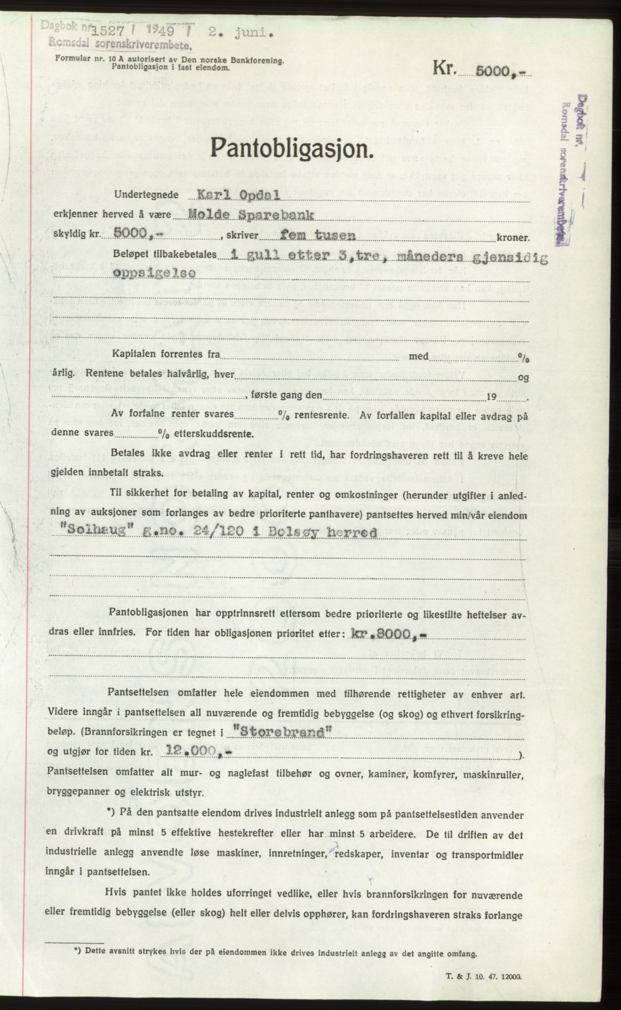 Romsdal sorenskriveri, AV/SAT-A-4149/1/2/2C: Mortgage book no. B4, 1948-1949, Diary no: : 1527/1949