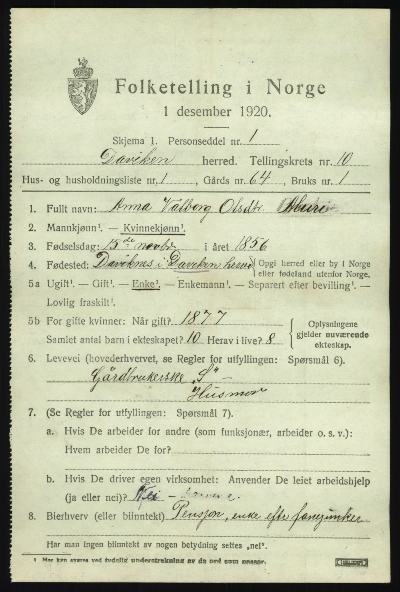 SAB, 1920 census for Davik, 1920, p. 5089