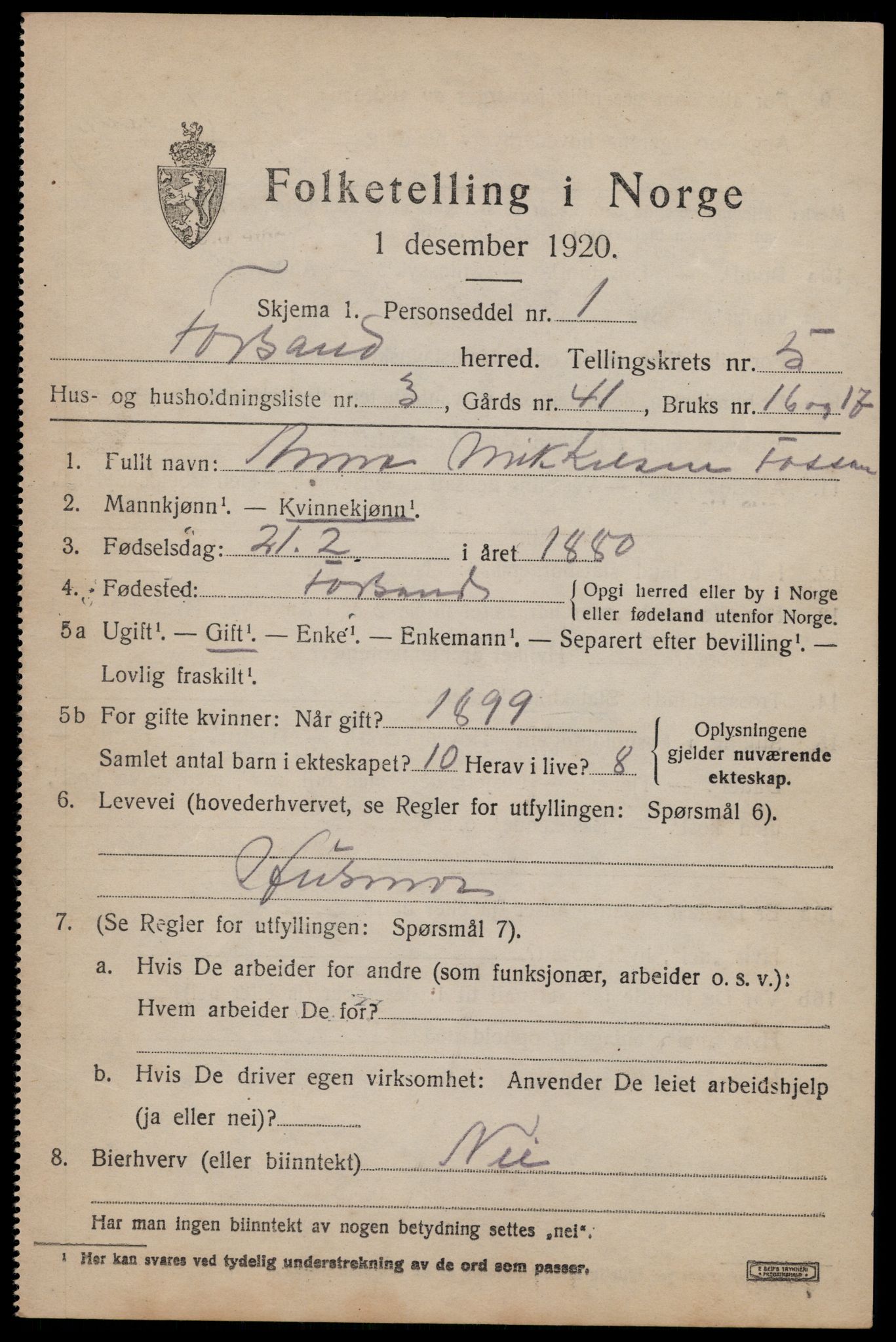 SAST, 1920 census for Forsand, 1920, p. 1793