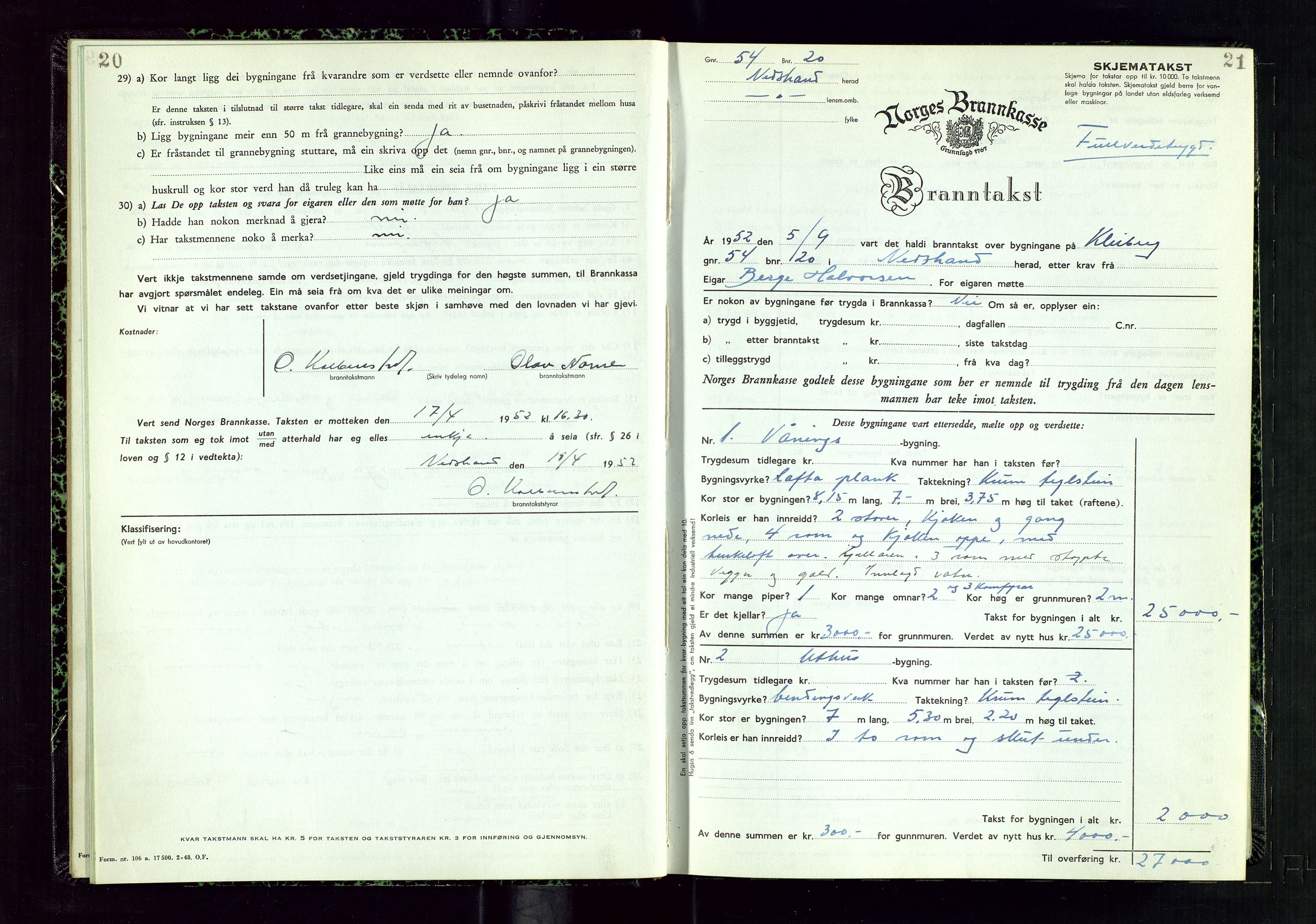Nedstrand lensmannskontor, AV/SAST-A-100236/Gob/L0003: "Branntakstprotokoll", 1950-1954, p. 20-21