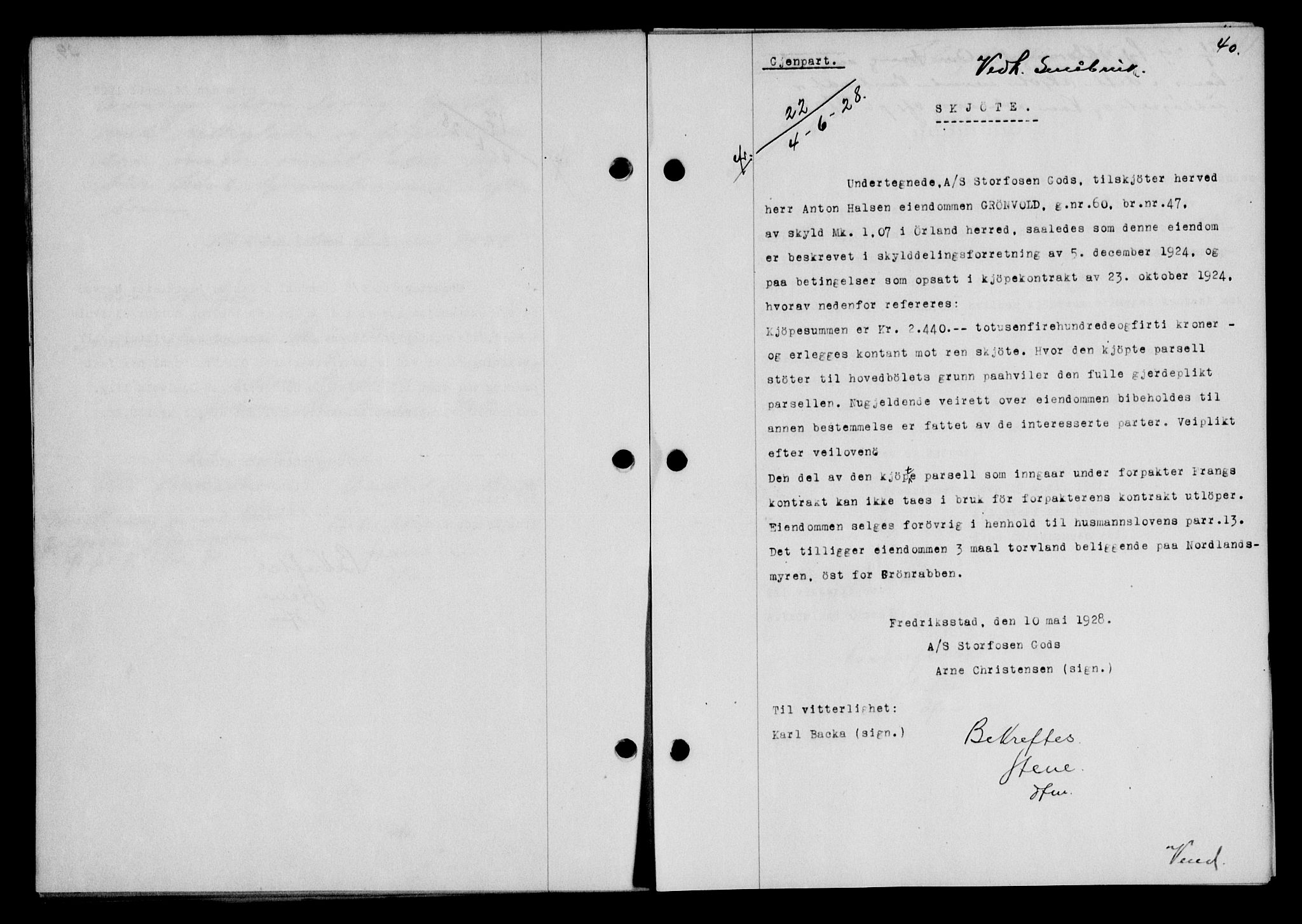 Fosen sorenskriveri, AV/SAT-A-1107/1/2/2C/L0067: Mortgage book no. 58, 1928-1929, p. 40, Deed date: 04.06.1928