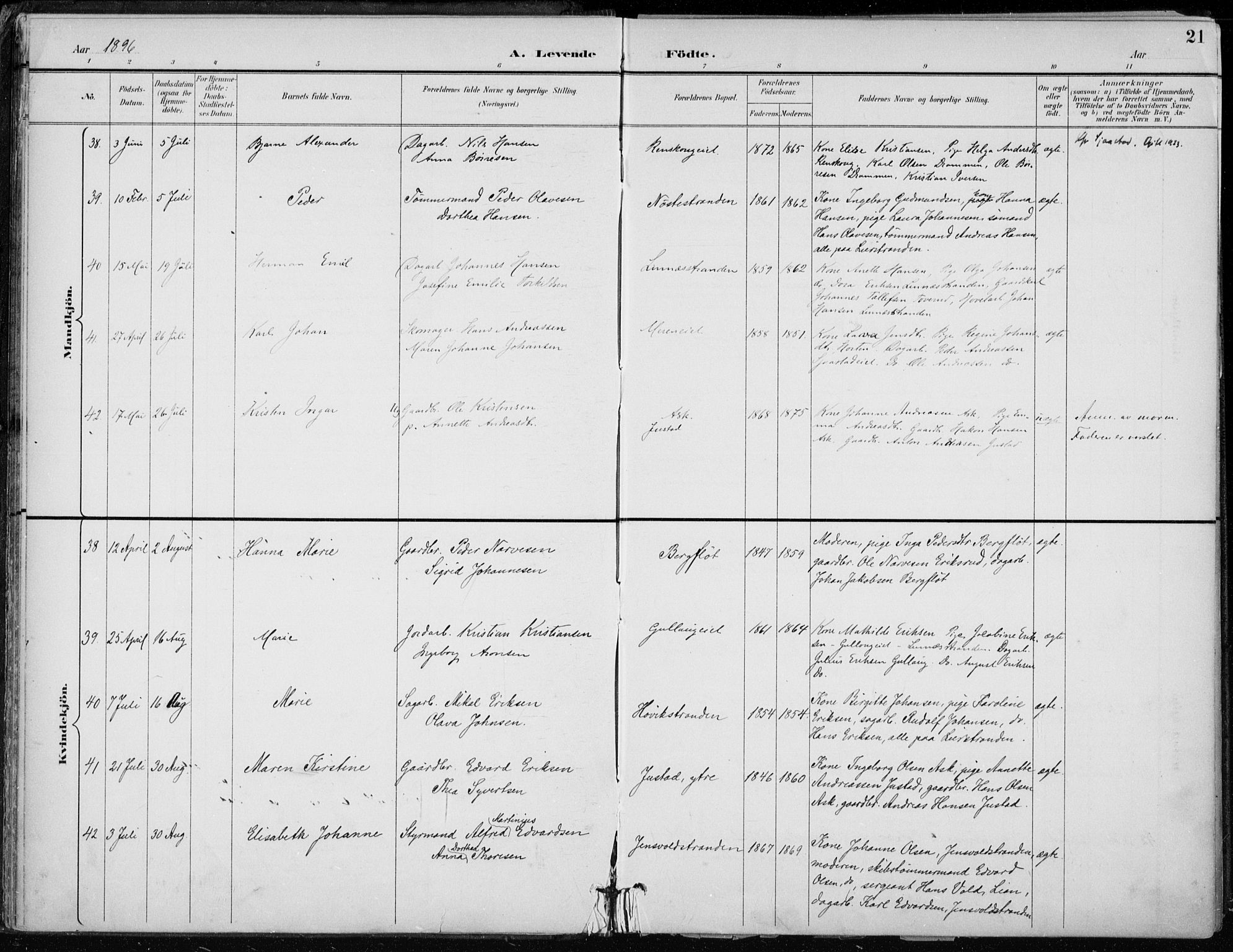 Lier kirkebøker, AV/SAKO-A-230/F/Fa/L0016: Parish register (official) no. I 16, 1895-1900, p. 21